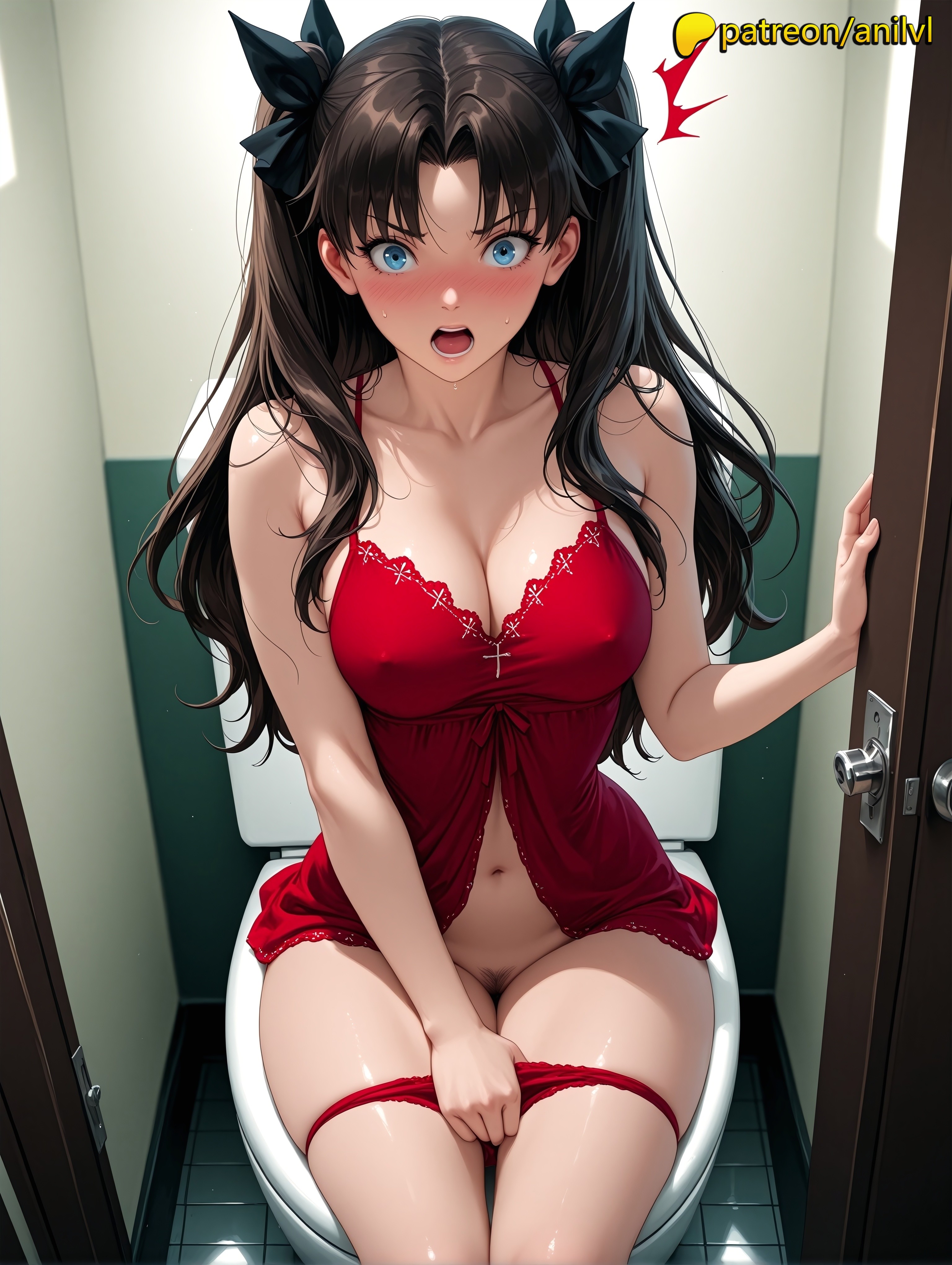 2025, ai generated, anilvl, anime, blush, breasts, bust, chest, fate (series), fate/stay night, female, female pubic hair, highres, looking at viewer, navel, open mouth, panties, patreon, pubic hair, sitting, solo, tohsaka rin, underwear