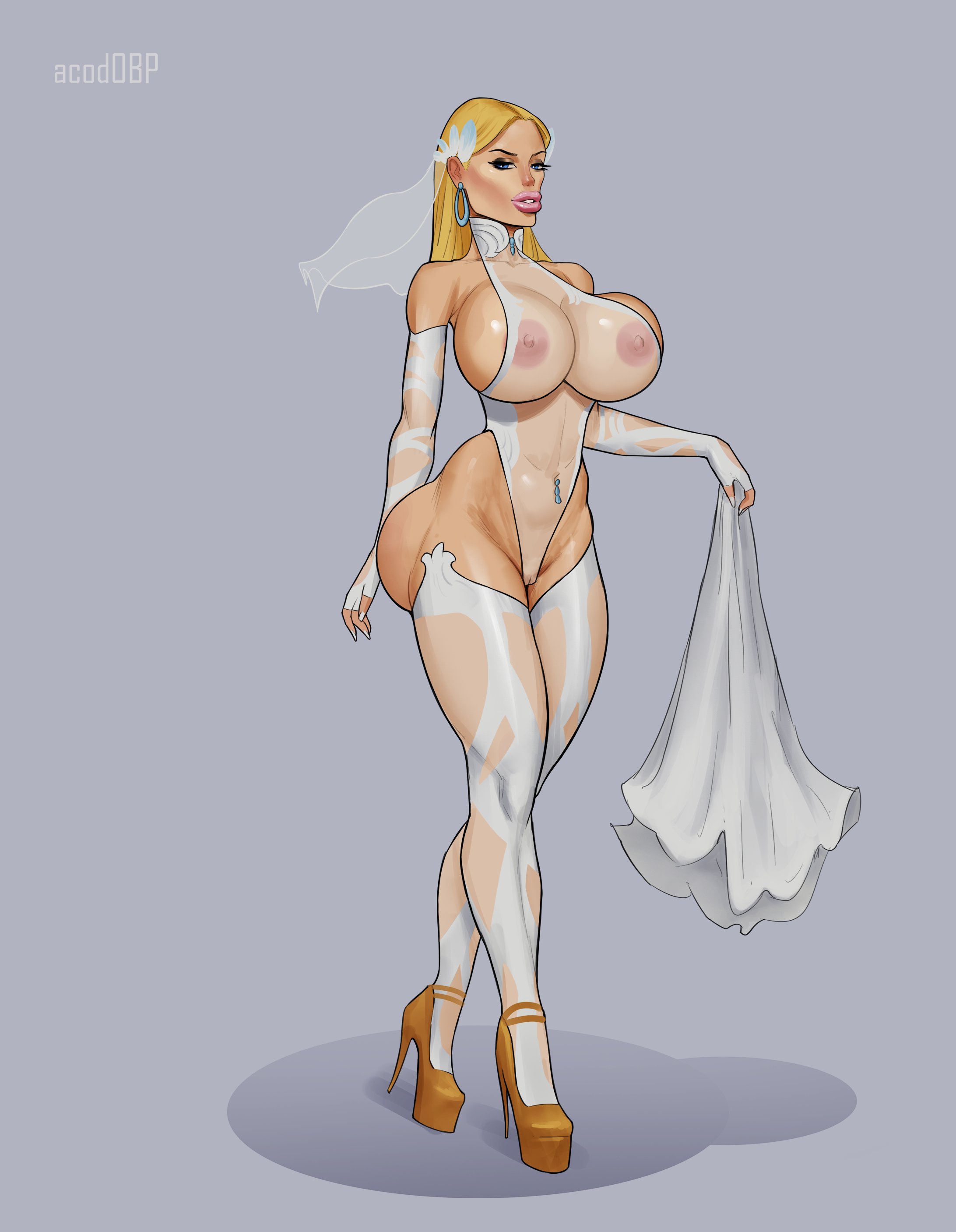 1girls, 2d, acod, areola, ass, big areola, big ass, big breasts, bimbo, bimbo lips, blonde hair, breasts, bubble ass, bubble butt, detached sleeves, earrings, fantastic four, female, female only, flower in hair, hair down, hair ornament, high heels, huge breasts, invisible woman, invisible woman (marvel rivals), invisible woman (the life fantastic), large breasts, lipstick, marvel, marvel comics, marvel rivals, nipples, nipples visible through clothing, older female, pink lipstick, platform heels, plump lips, solo, straight hair, sue storm, thighhighs, translucent clothing, very high heels, wedding dress, wedding lingerie, wedding veil