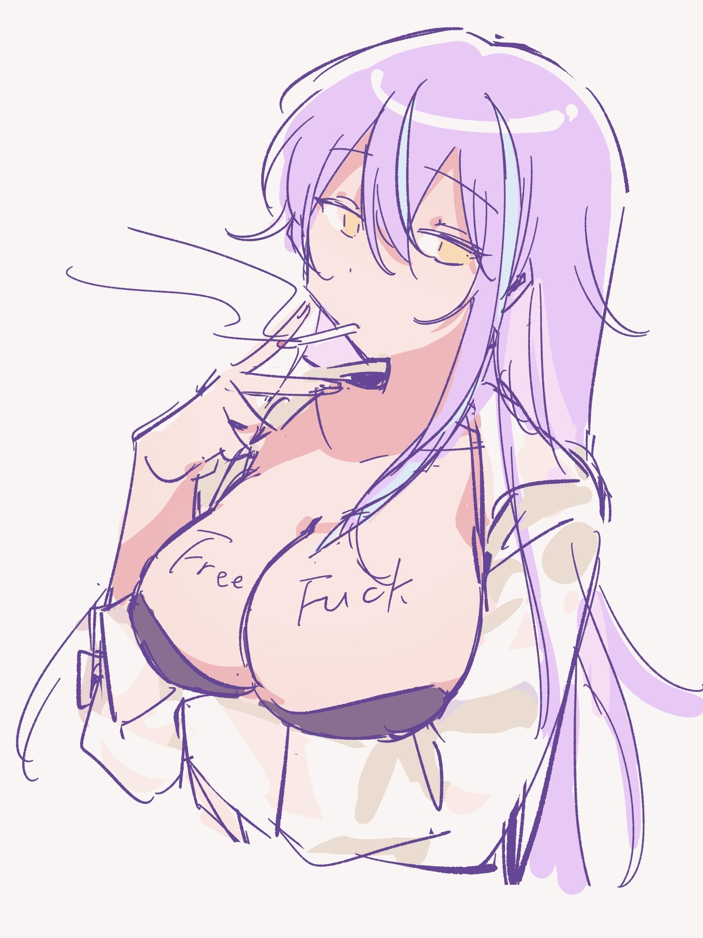aqua streak, big breasts, blue streak, body writing, breasts, cigarette, cleavage, female, free use, genderswap, high pressure washing machine, kamishiro rui, large breasts, long hair, neoki n0sleep, project sekai, purple hair, rui kamishiro, rule 63, shirt, smoking, smoking cigarette, text on body, text on breasts, two-tone hair, yellow eyes