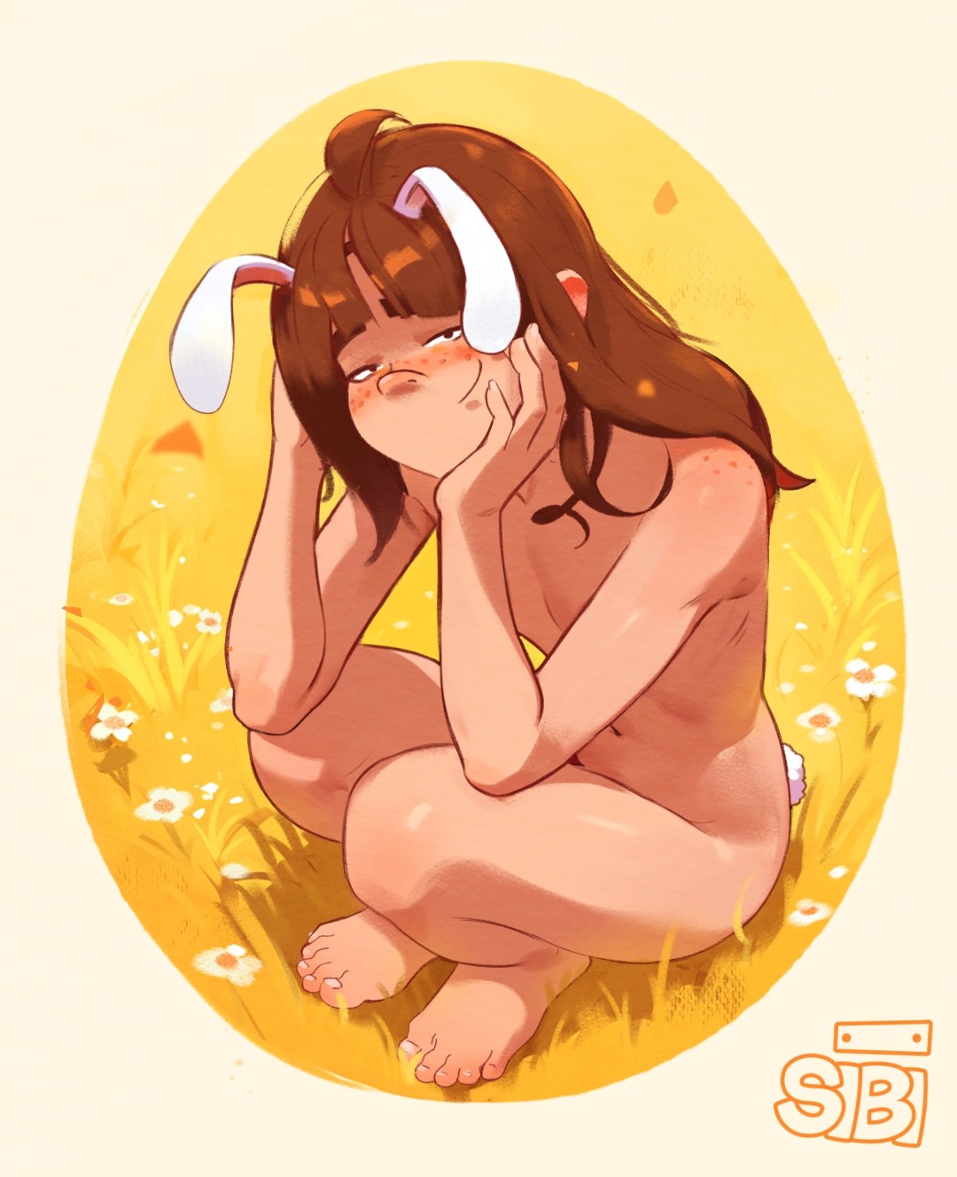 1girls, artist signature, barefoot, barefoot on grass, blush, breasts, brown hair, bunny ears, bunny tail, completely nude, crouching, feet, female, female artist, female only, flower, freckles, freckles on face, freckles on shoulders, grass, light skin, light-skinned female, looking at viewer, navel, nude, sibi (sibi artist), sibi artist, small breasts, smile, solo, solo female