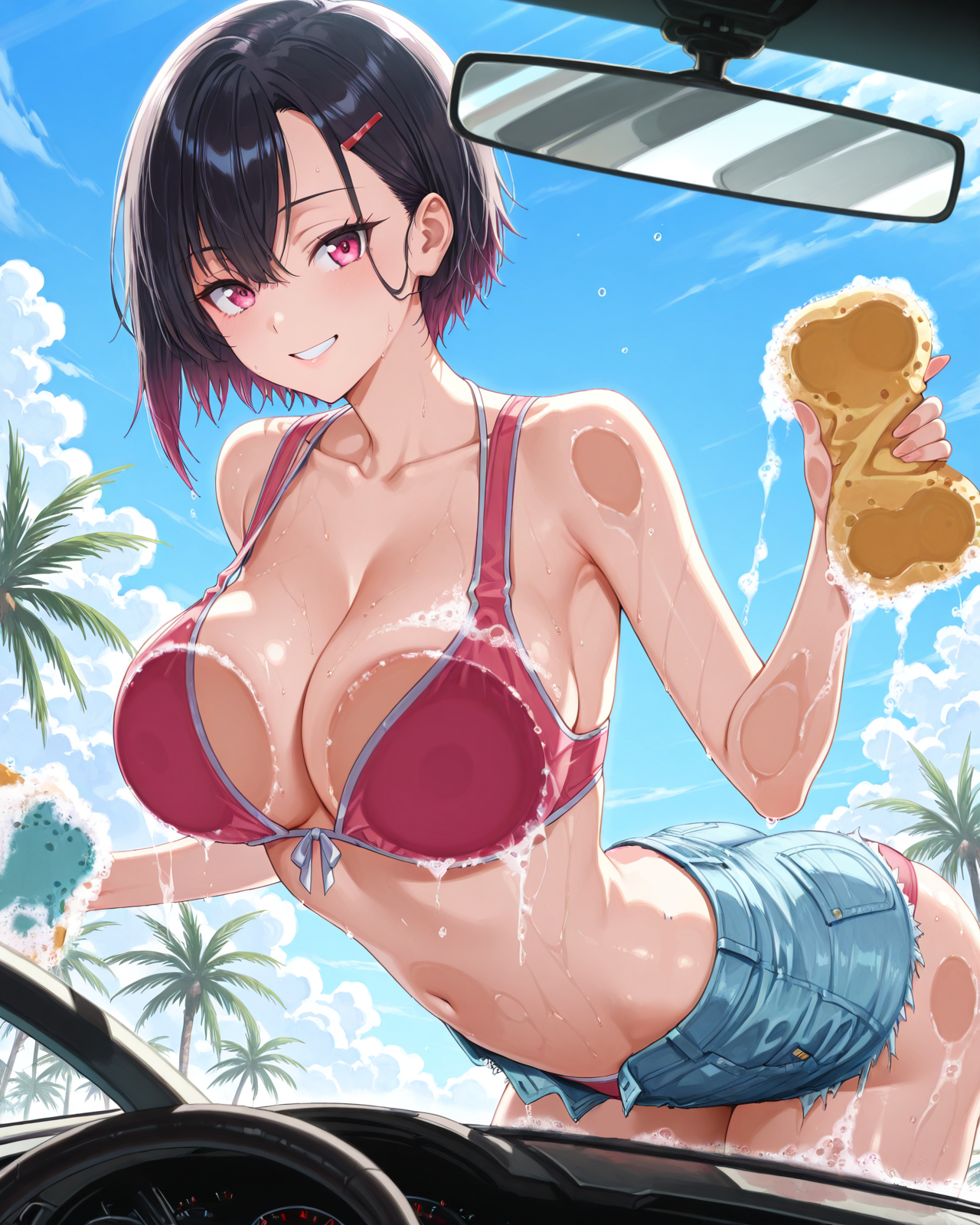 1girls, against glass, ai generated, big breasts, bikini, breast press, breasts, breasts against glass, carwash, cutoffs, daisy dukes, female, mikazuki shizuka, purple hair, purple-haired female, soap bubbles, solo, sponge, zom 100: zombie ni naru made ni shitai 100 no koto
