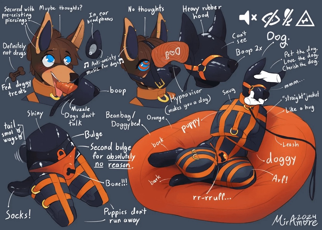 armbinder, black latex, blindfolded, bone, dildo gag, furry, furry only, hypnosis, hypnotic visor, latex, latex sui, leash, legbinder, lock symbol, male, miramore, muzzle gag, muzzled, null bulge, orange latex, pet play, petplay, skinsuit