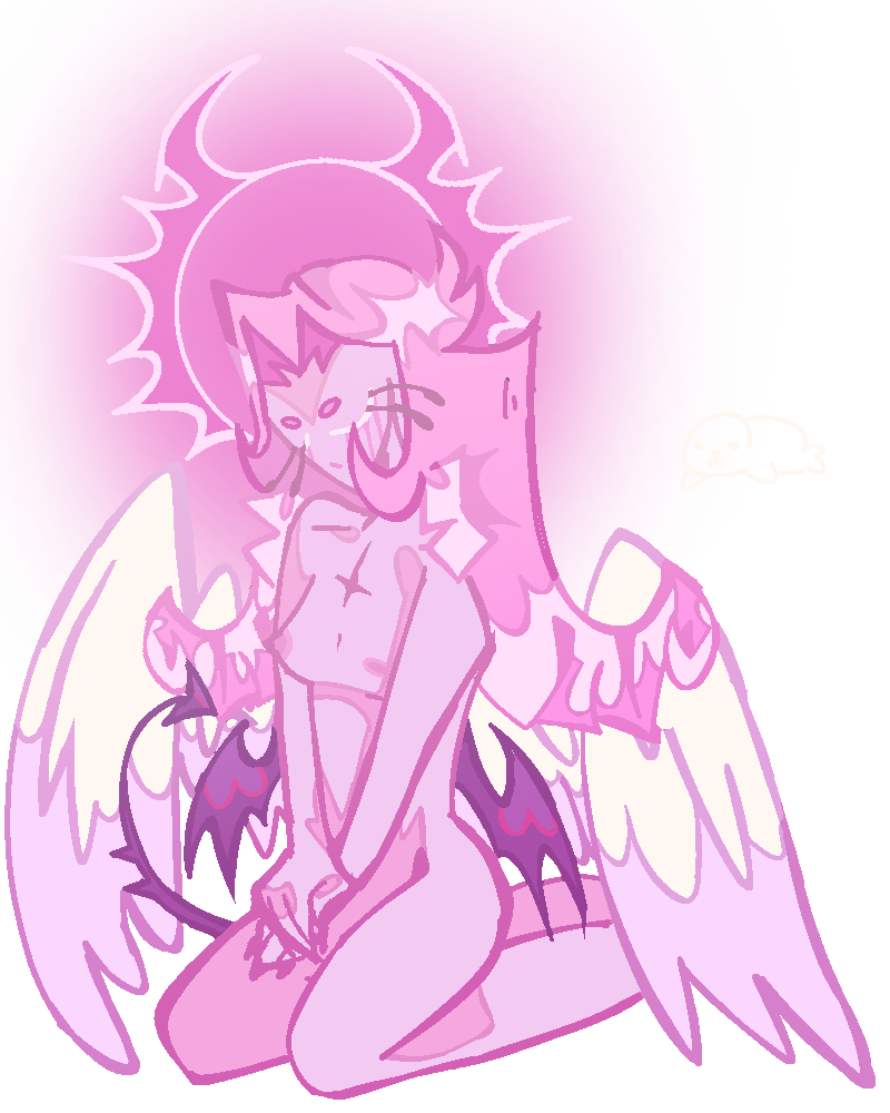 angel angel_wings bonespicule closed_eyes cookie_run cookie_run_kingdom demon demon_girl demon_tail eternal_sugar_cookie female female_focus female_only halo kneeling non-human pink_body pink_hair pink_nipples pink_skin religious_themes seated self_upload slim slim_girl slim_waist solo solo_female solo_focus tail thin thin_female thin_waist transparent wings