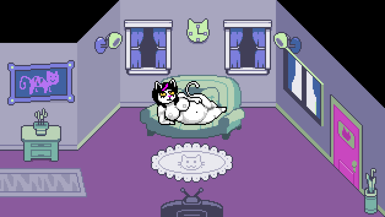 2024 anthro belly black_hair breasts catti_(deltarune) clock curtains deltarune digital_media_(artwork) domestic_cat door electronics eyelashes felid feline felis female female_anthro full-length_portrait fur furniture hair highlights_(coloring) inside lamp lepixius lying mammal narrowed_eyes navel nipples nude nude_anthro nude_female open_mouth open_smile pixel_(artwork) portrait purple_tail rug seductive smile solo tail television umbrella undertale_(series) white_body white_fur white_tail window yellow_sclera