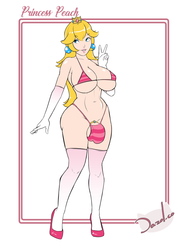 1futa, balls, balls in panties, big breasts, bikini, blonde hair, blue eyes, bra, breasts, bulge, character name, cleavage, cock ring, crown, dazol, dickgirl, earrings, elbow gloves, full body, futa only, futanari, gloves, high heels, intersex, large breasts, long hair, mario (series), nintendo, panties, penis, penis in panties, pink bikini, princess peach, shoes, simple background, solo, standing, swimsuit, testicles, thighhighs, v