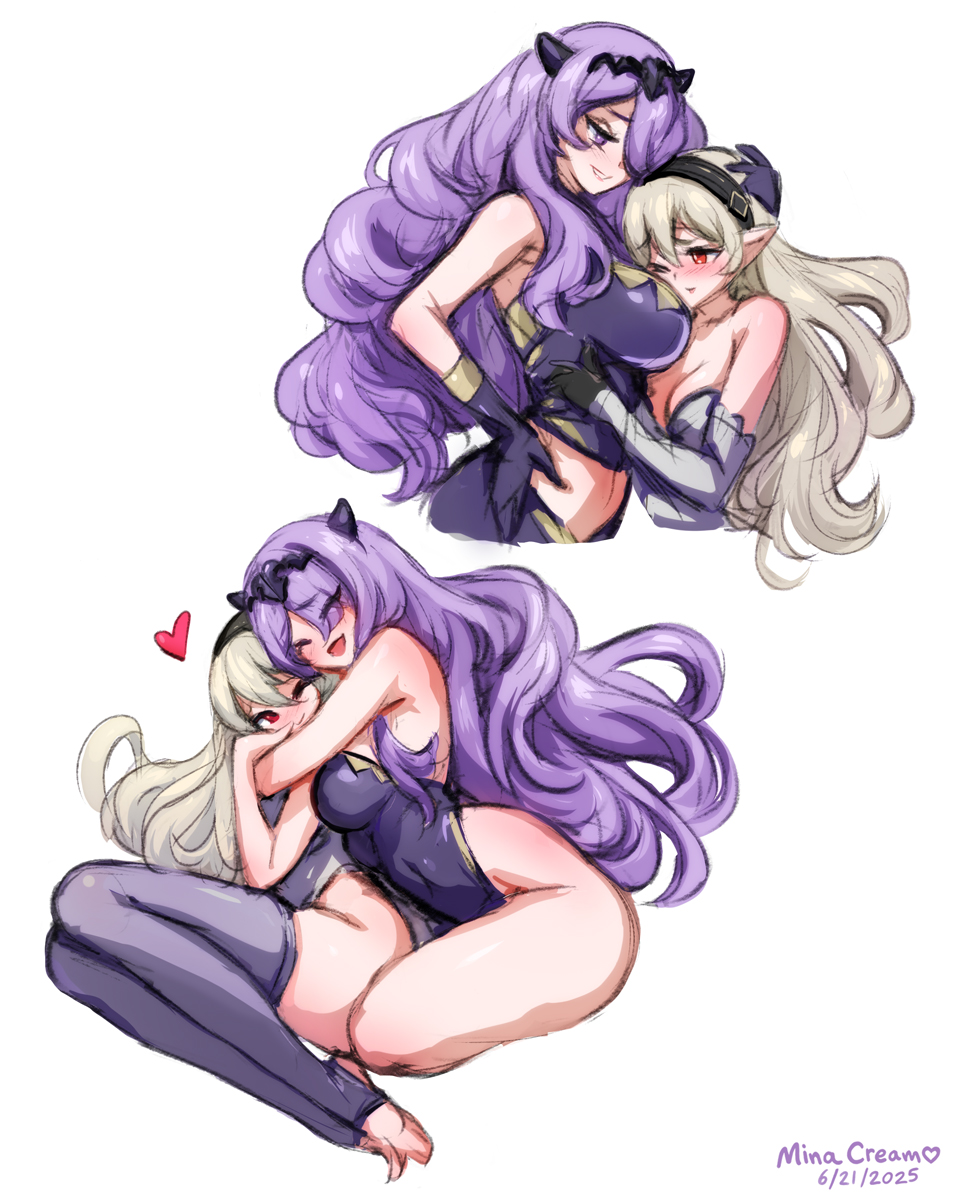 2girls blush camilla_(fire_emblem) corrin_(fire_emblem) corrin_(fire_emblem)_(female) female female_only fire_emblem fire_emblem:_three_houses hugging incest large_breasts long_hair minacream nintendo pointy_ears sisters thick_thighs yuri
