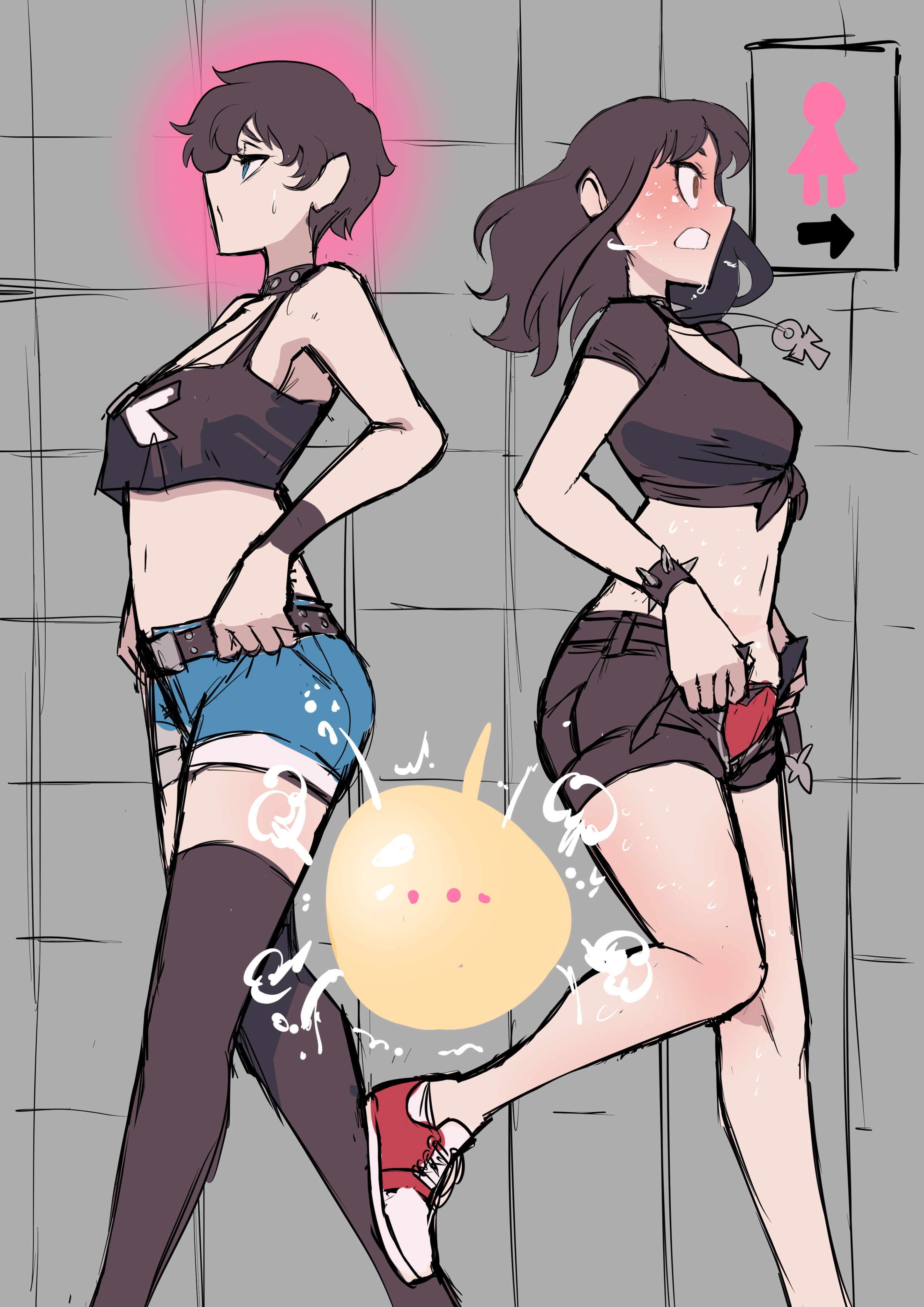 ..., 2girls, belt, beth (biku), biku, black hair, black shirt, black thighhighs, bladder bulge, blue eyes, blush, bow, bow panties, bracelet, brown eyes, choker, clenched teeth, collar, denim, denim shorts, desperate, female, have to pee, navel, necklace, need to pee, open fly, original, panties, red panties, red sneakers, red underwear, relief, relieved, rushing, rushing to bathroom, short hair, shorts, sneakers, spiked bracelet, spiked collar, thighhighs, tied shirt, unbuckled belt, underwear, wide eyed, zoe (biku)