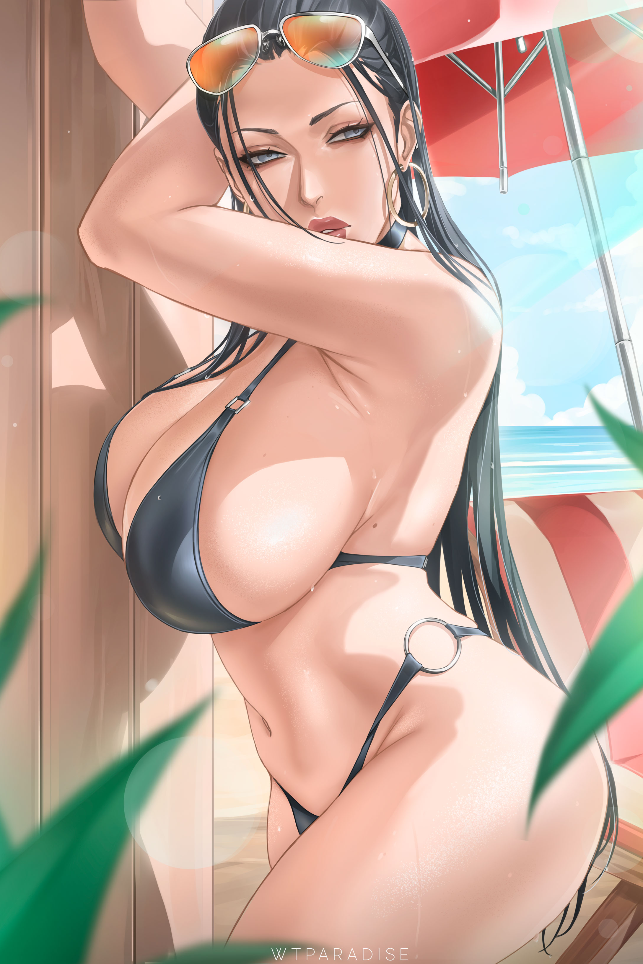 1girls, beach, big breasts, big lips, bikini, bikini bottom, bikini top, black bikini, black eyes, black hair, black-haired female, bottomwear, breasts, cleavage, ear piercing, earrings, female, female only, hair, headwear, hips, hoop earrings, huge breasts, lips, long hair, mole, nico robin, one piece, post-timeskip, solo, solo female, sunglasses, sunglasses on head, sweat, sweatdrop, swimwear, thick lips, thighs, topwear, umbrella, wtparadise