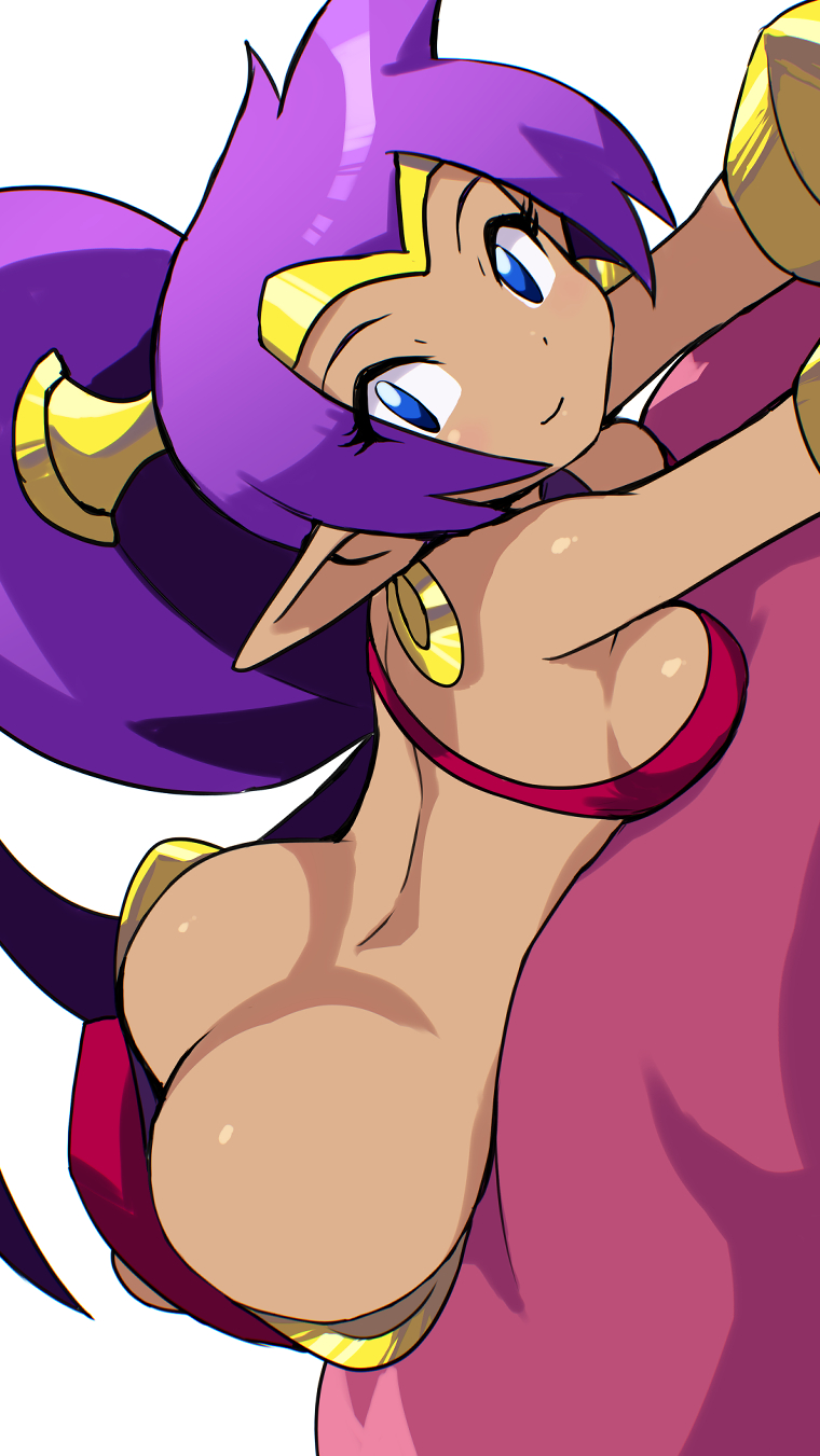 1girls, ass, ass cleavage, ass focus, big ass, blue eyes, bottomwear, breasts, cait aron, ear piercing, earrings, female, female only, hair, hoop earrings, huge ass, medium breasts, on stomach, pants, pointy ears, ponytail, purple hair, red pants, shantae, shantae (character), solo, solo female, topwear, tubetop