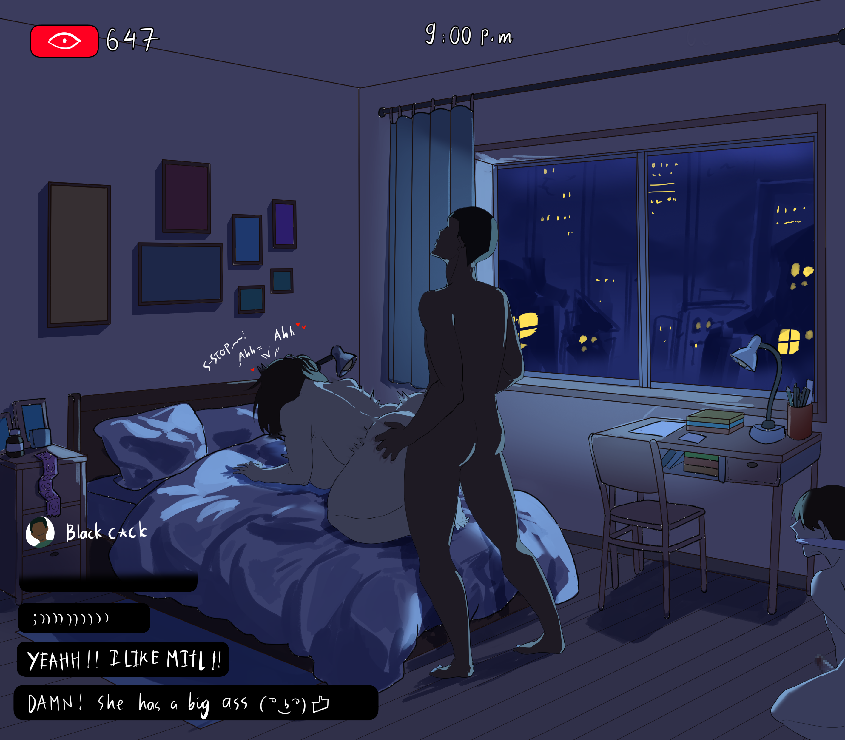1girls, 2boys, all fours, ass grab, bed, bedroom, big breasts, breast press, breasts, censored, censored penis, cheating, cheating wife, completely nude, completely nude female, completely nude male, dark skin, dark-skinned male, doggy style, erection, female, gag, gagged, grabbing, grabbing another's ass, grabbing ass, grabbing from behind, huge breasts, in front of cuckold, interracial, livestream, lunar art, male, male/female, mature, mature female, medium penis, milf, mosaic censoring, motherly cuckold, netorare, night, nude, nude female, nude male, on bed, original, original character, penetration, penis, pussy, restrained, restrained arms, restraints, sex, sex from behind, vaginal, vaginal insertion, vaginal penetration, vaginal sex