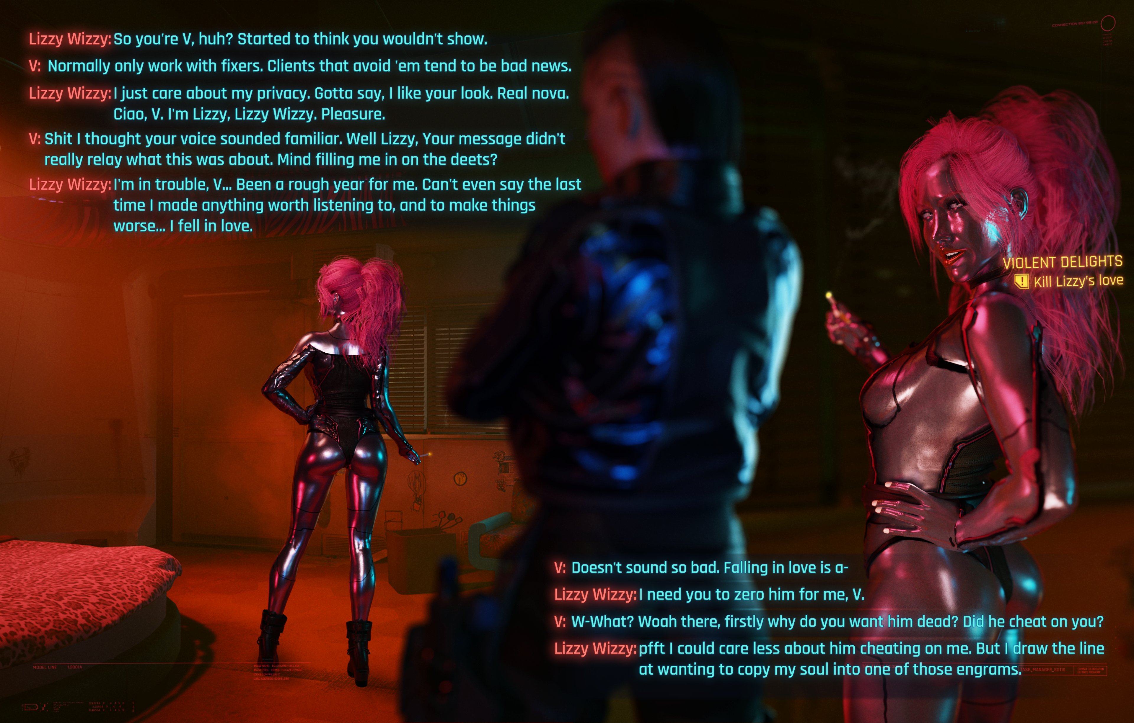1girl1futa, 3d, 3d (artwork), asymmetrical hair, cd projekt red, choker, cybernetics, cyberpunk, cyberpunk (series), cyberpunk 2077, cyborg, cyborg girl, dinoboy555, english, english text, female, futanari, intersex, lizzy wizzy, neon lights, pink hair, silver skin, smoking, smoking cigarette, text, v (cyberpunk 2077), valerie (cyberpunk 2077)