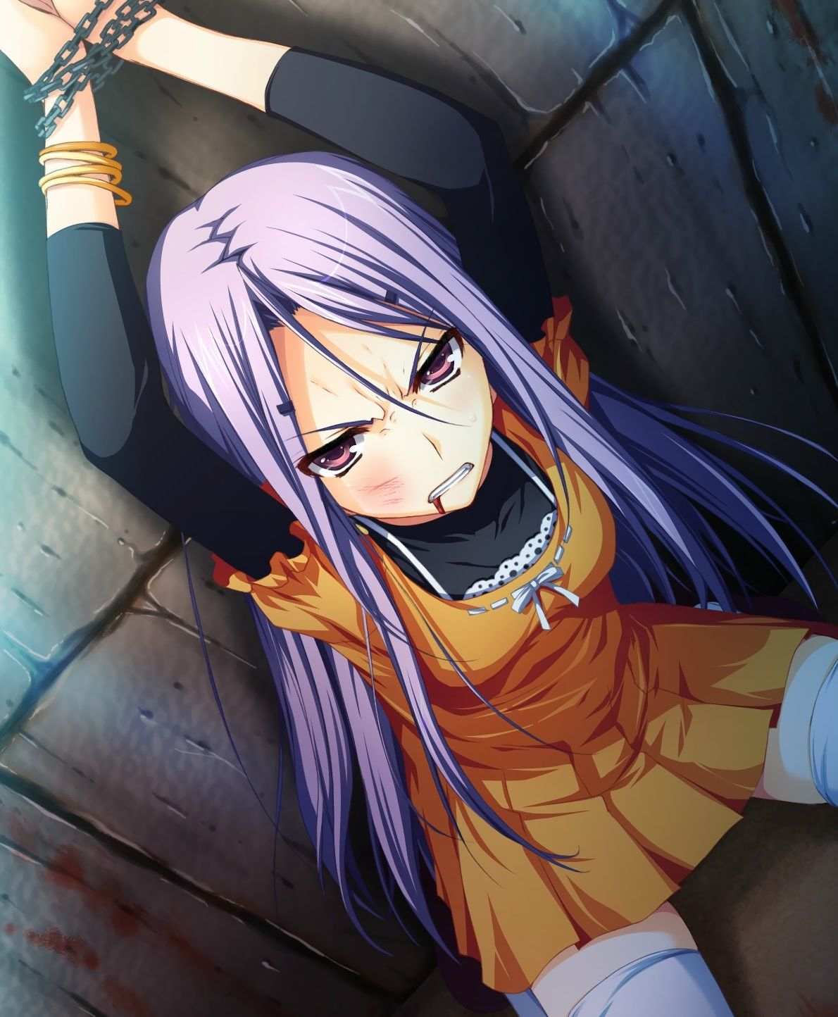 1girls akatsuki_no_goei akatsuki_no_goei:_tsumibukaki_shuumatsuron angry armpit blood bondage chains female female_only injury long_hair mai_(akatsuki_no_goei) solo tomose_shunsaku