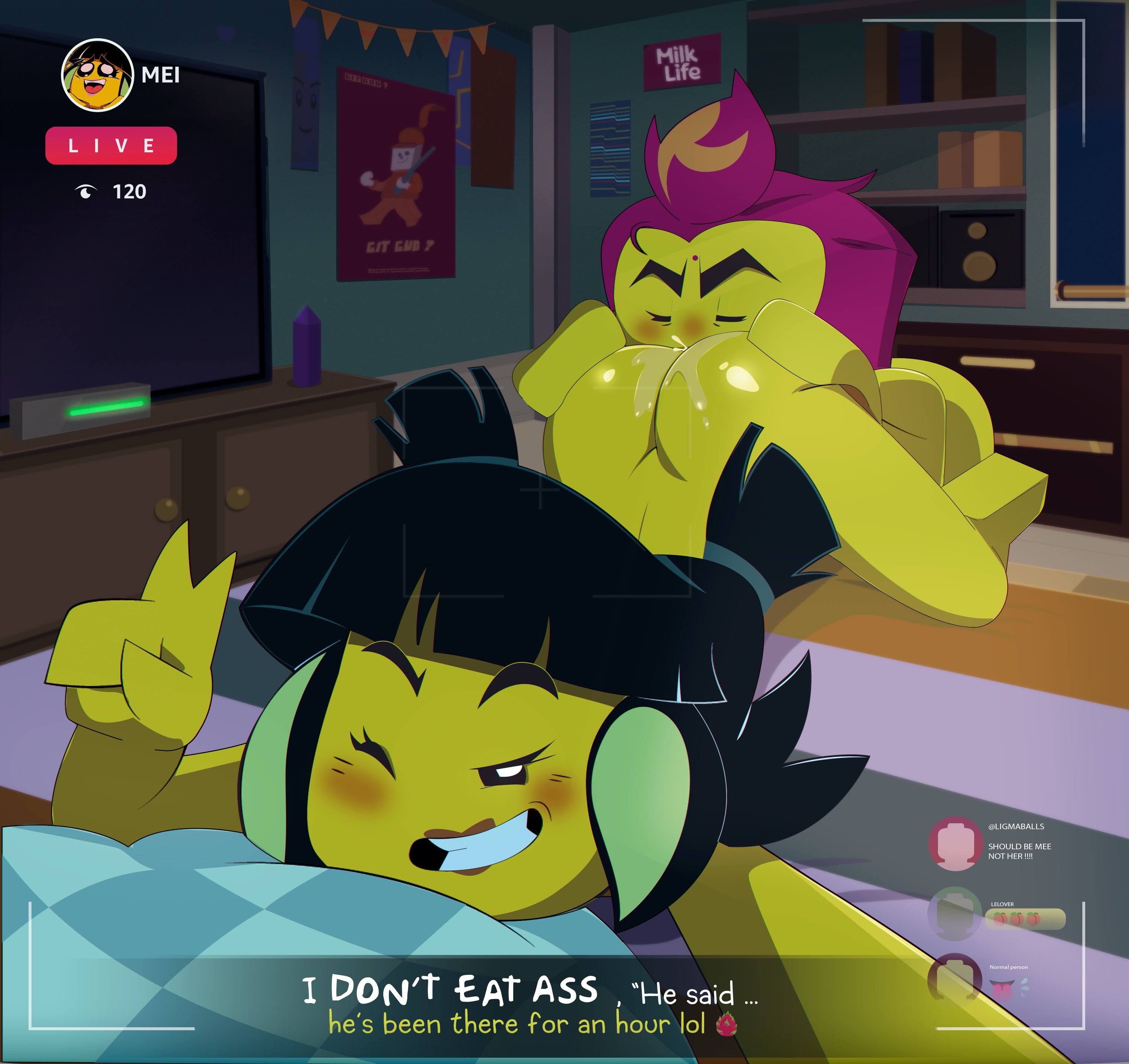 1boy, 1girls, 2girls, anilingus, ass, ass grab, bed, bedroom, black eyes, black hair, blunt bangs, blush, bookshelf, chat log, closed eyes, colored skin, completely nude, cunnilingus, english text, female, gosgoz, green skin, grin, hair tie, half-closed eye, half-closed eyes, hand up, happy, incest, index finger raised, indoors, lego, lego monkie kid, lying, male, mei (monkie kid), monkie kid, multiple girls, nude, on bed, on stomach, one eye closed, open mouth, oral, outstretched arm, pillow, pink hair, poster (object), purple hair, pussy, pussy juice, reaching towards viewer, recording, red son (monkie kid), shelf, shiny skin, short hair, short twintails, sidelocks, sisters, smile, streaming, string of flags, subtitled, talking, teeth, television, thick eyebrows, top-down bottom-up, topknot, twintails, v, yellow skin