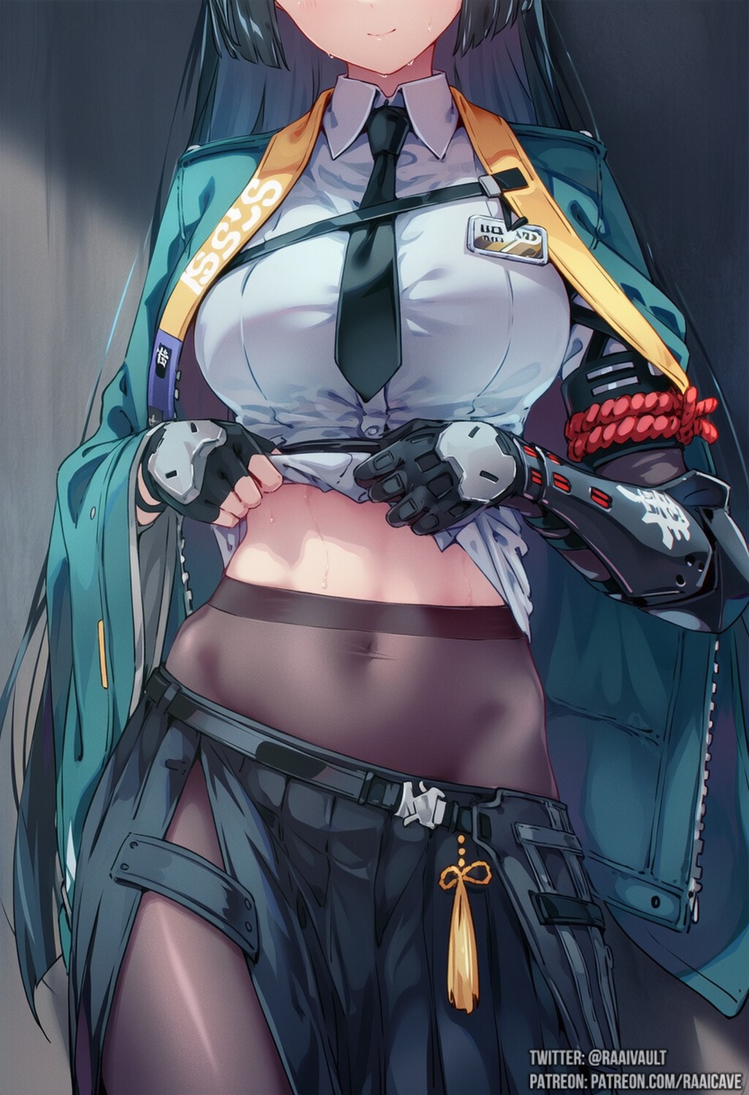 1girls, ai generated, belly, black hair, breasts, female, hoshimi miyabi, large breasts, long hair, navel, pantyhose, raaicave, zenless zone zero