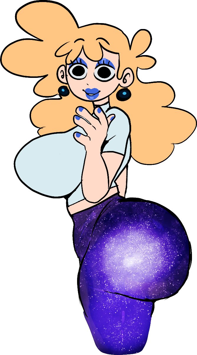 1girls, 2025, ball earrings, big ass, big breasts, black eyes, blonde hair, blue eyeshadow, blue fingernails, blue lipstick, breasts, cosmic clothing, eyeshadow, female, goddess, huge ass, lemonadepikachu, light skin, light-skinned female, lipstick, long hair, looking at viewer, loretta (lemonadepikachu), milf, mother, mother (lore), original, original character, shiny clothes, shiny pants, side view, solo, tagme