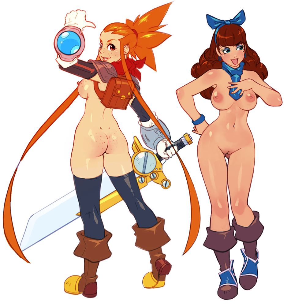 2girls areolae ass backpack bliss_barson blue_eyes blush boots breasts brown_hair cryamore edit esmyrelda_maximus female freckles full-length_portrait full_length kneesocks long_hair looking_back multiple_girls naked_boots naked_footwear naked_with_shoes_on negarobo nipples nude open_mouth orange_hair portrait posing pussy red_hair ribbon robaato robert_porter simple_background smile standing sword tagme uncensored weapon white_background