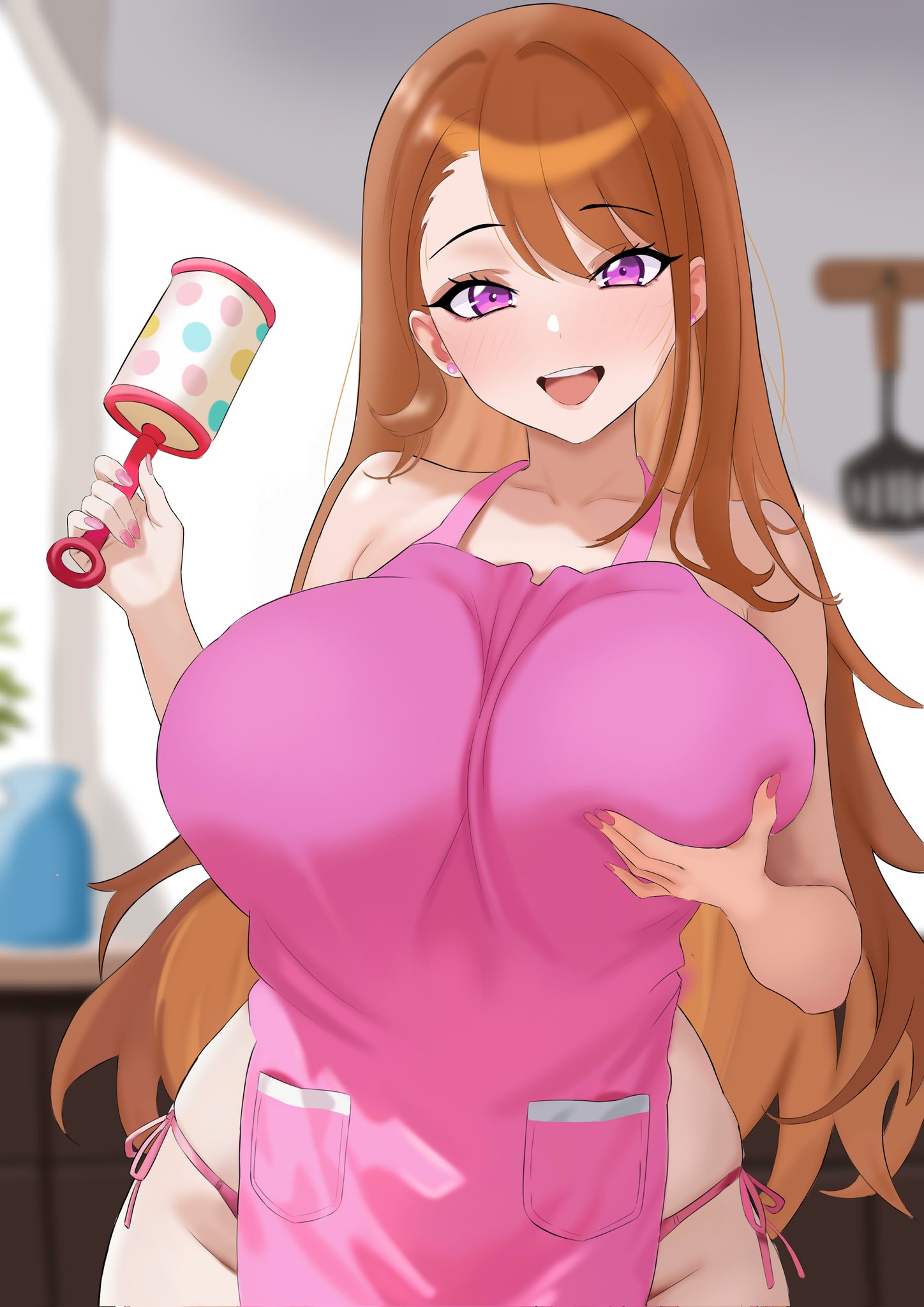 1girls, alternate breast size, amadeuslight, apron, big breasts, blurry background, blush, breasts, female, female only, grabbing own breast, hi res, hijiri ageha, hirogaru sky! precure, huge breasts, kindergarten teacher, kindergarten uniform, large breasts, looking at viewer, naked apron, open mouth, precure, pretty cure, sfw, sfw version, smile, solo, teeth, toei animation, tongue