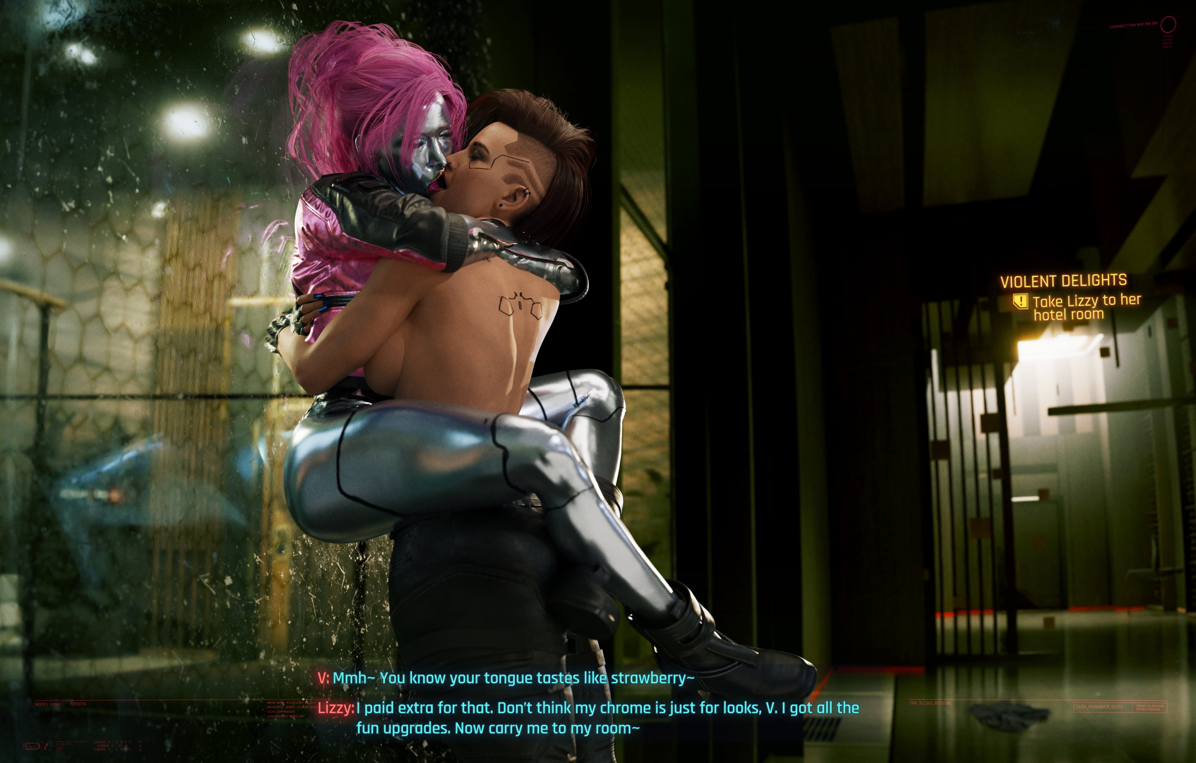 1girl1futa, 3d, 3d (artwork), asymmetrical hair, breasts, breasts pressed against partner, cd projekt red, cybernetics, cyberpunk, cyberpunk (series), cyberpunk 2077, cyborg, cyborg girl, dinoboy555, english, english text, female, french kiss, french kissing, futanari, intersex, kissing, leg lock, leglock, legs around partner, lifting, lizzy wizzy, pink hair, silver skin, stand and carry position, text, topless, topless futa, v (cyberpunk 2077), valerie (cyberpunk 2077)