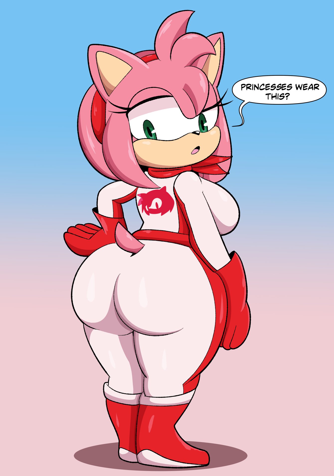 1girls, amy rose, animal ears, animal tail, anthro, ass, big ass, big breasts, bodysuit, boots, breasts, bubble ass, bubble butt, english, english text, female, female only, footwear, full body, gloves, green eyes, huge ass, looking back, pink body, pink skin, racing suit, red gloves, sega, solo, solo female, someth1ngoranother, sonic (series), sonic the hedgehog (series), speech bubble, tail, text, white bodysuit