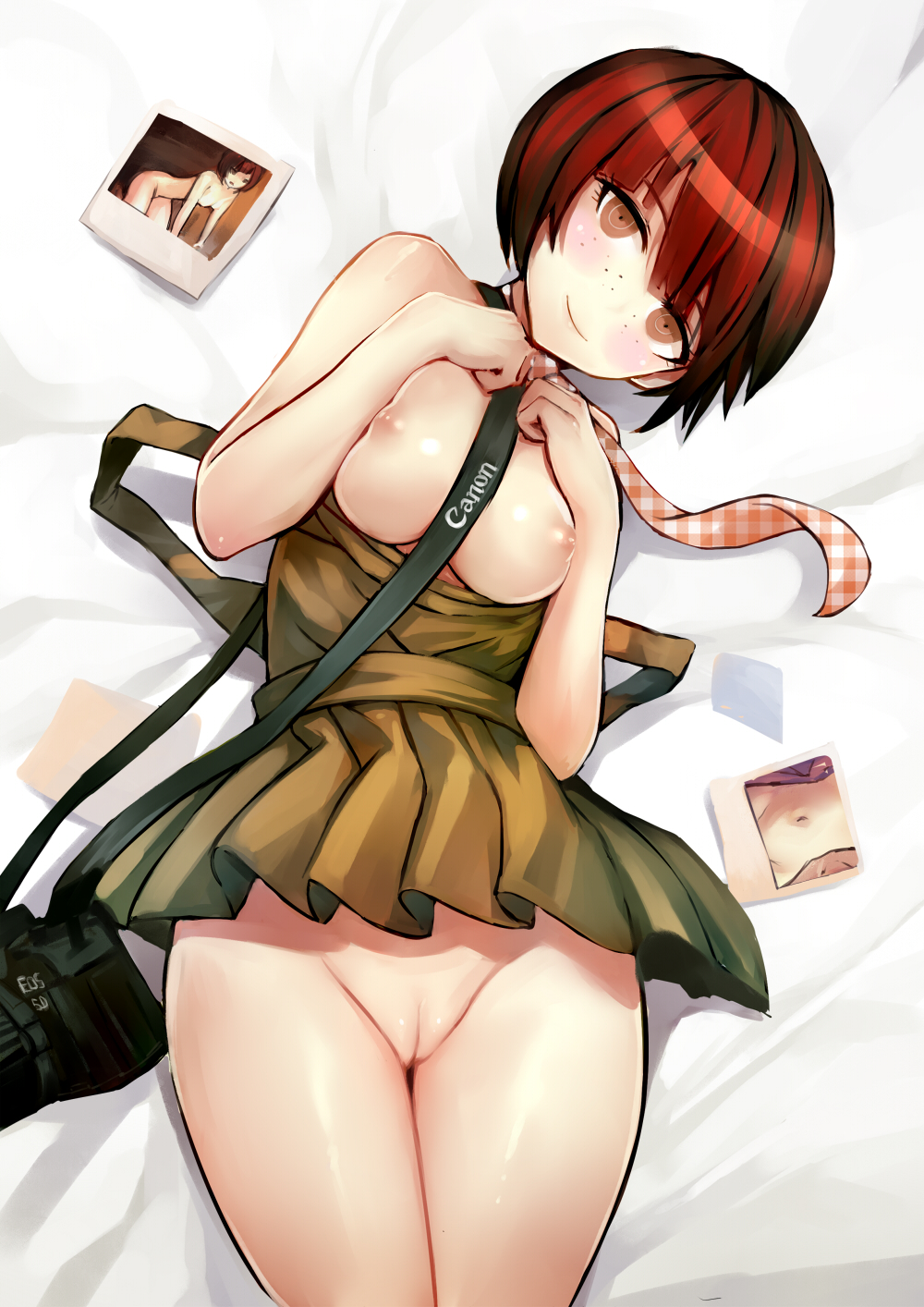 1girls accurate_art_style bed breasts brown_eyes brown_hair checkered_necktie clare_(543) danganronpa female freckles highres koizumi_mahiru looking_at_viewer lying medium_breasts necktie nipples no_panties official_style on_back pussy short_dark_hair short_hair skirt smile solo straight_hair super_danganronpa_2 thighs