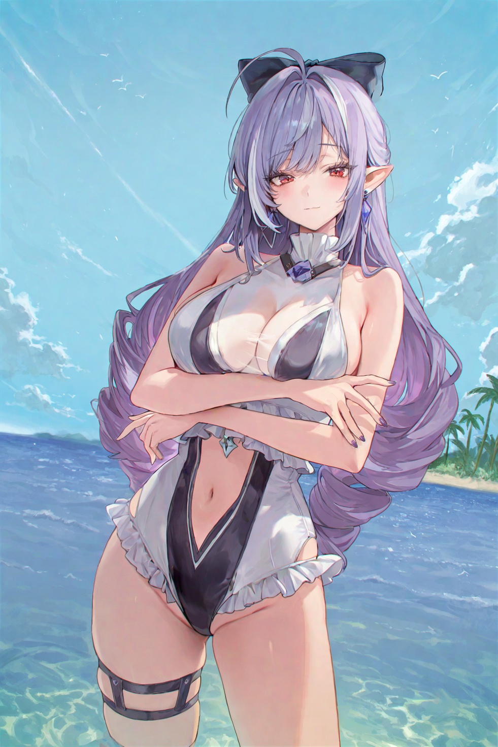 1girls, big breasts, breasts, cleavage, detailed background, elf ears, female, female focus, female only, finasu, highres, hoyoverse, legs, long ears, long hair, mihoyo, official alternate costume, pale skin, pale-skinned female, pointy ears, purple hair, red eyes, standing, swimsuit, twintails, vivian banshee, vivian banshee (iris of the shore), white swimsuit, zenless zone zero
