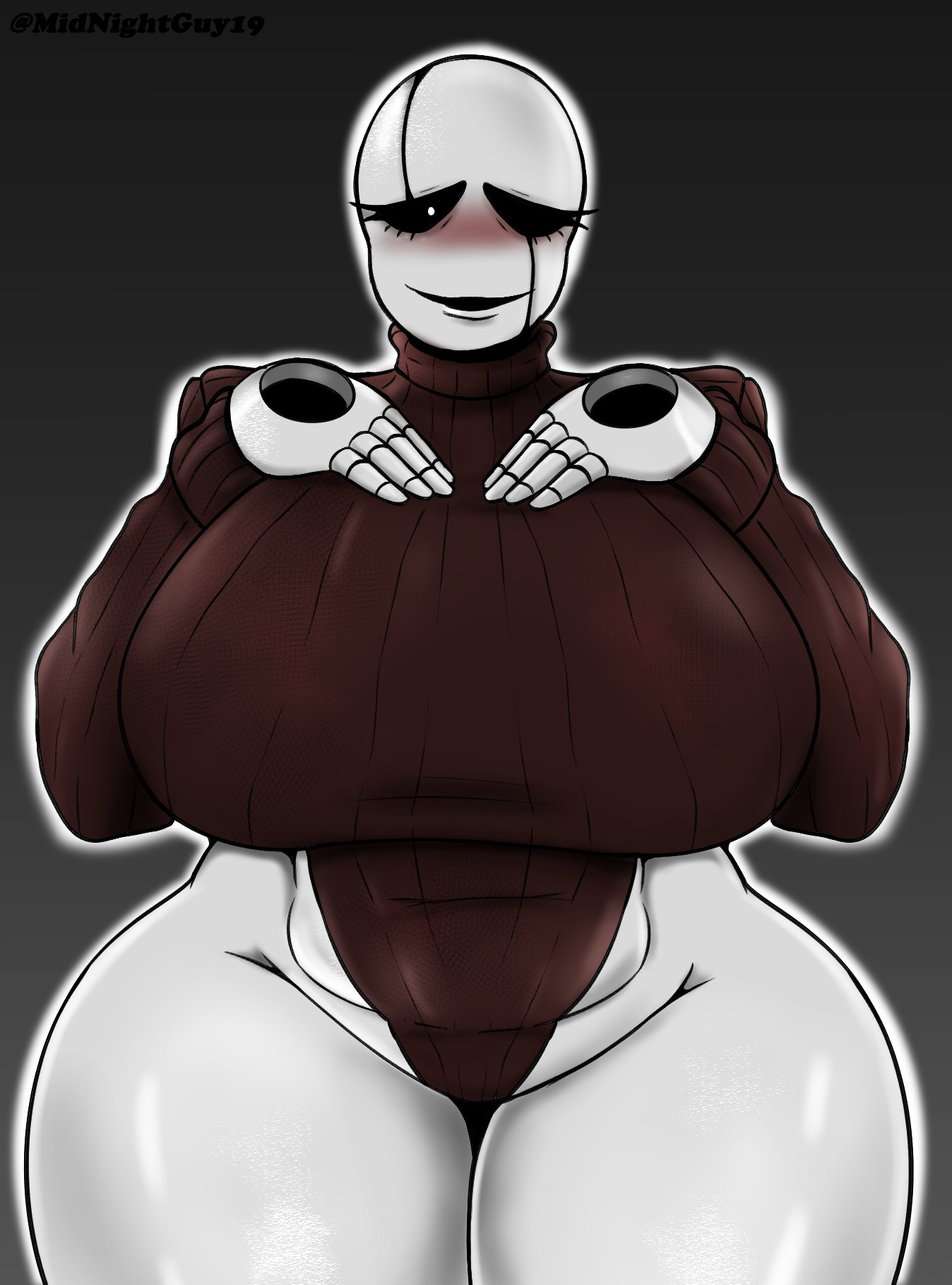 2d, 2d (artwork), alternate version at source, big breasts, blush, blushing, blushing female, breasts, breasts bigger than head, fem gaster, female, gaster, gray background, midnightguy19, red sweater, rule 63, solo, solo female, sweater, tagme, thick thighs, turtleneck, turtleneck sweater, undertale, undertale (series), white body