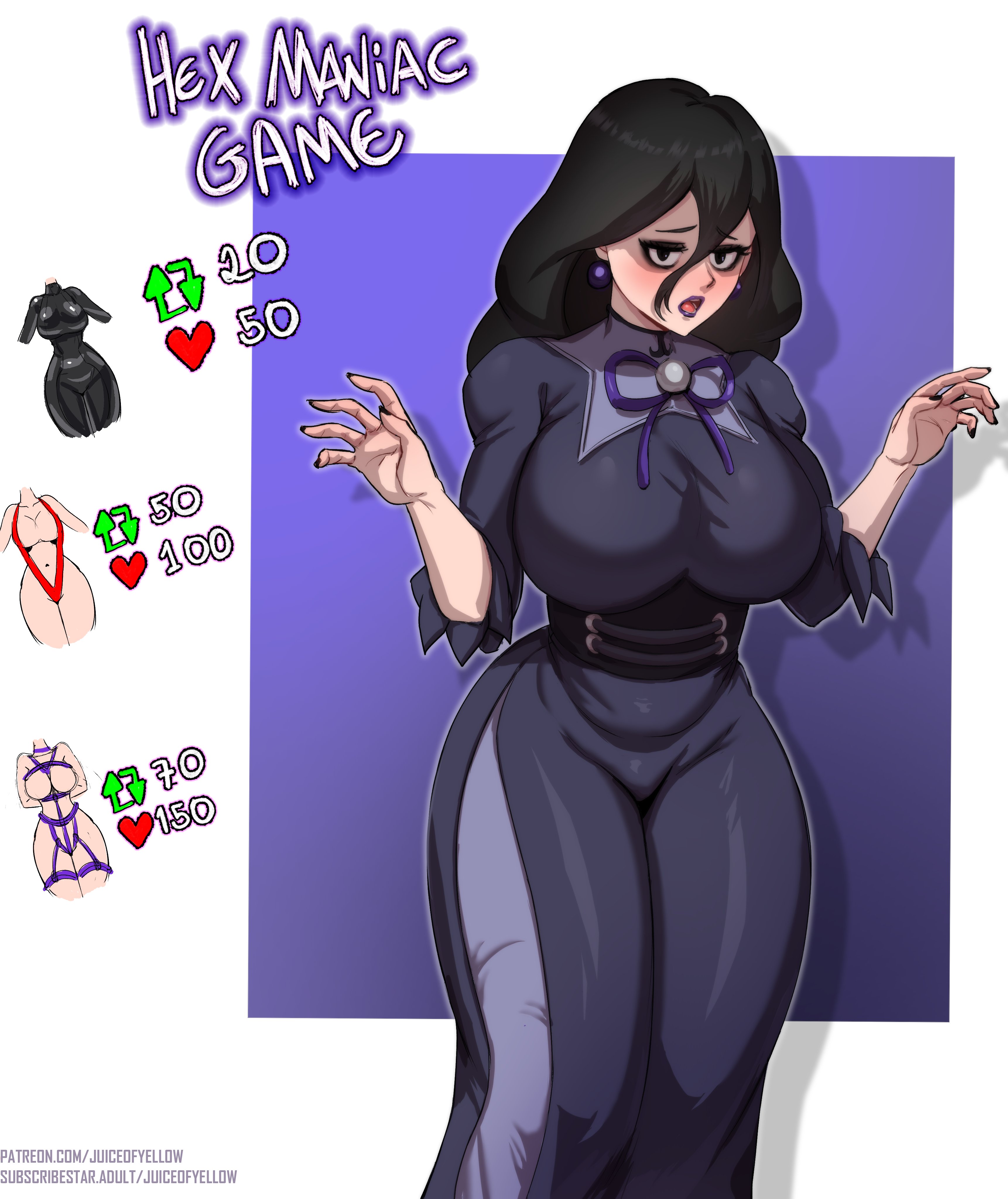 1girls, big breasts, black eyes, breasts, clothing, dress, ear piercing, earrings, english, english text, female, female only, game freak, hair, hex maniac, hex maniac (pokemon legends: z-a), huge breasts, human, juiceofyellow, like and retweet, like goal, like icon, lips, lipstick, long hair, nail polish, nails, pokemon, pokemon legends: z-a, purple dress, purple hair, purple lips, purple lipstick, purple nail polish, purple nails, retweet challenge, retweet icon, solo, solo female, text