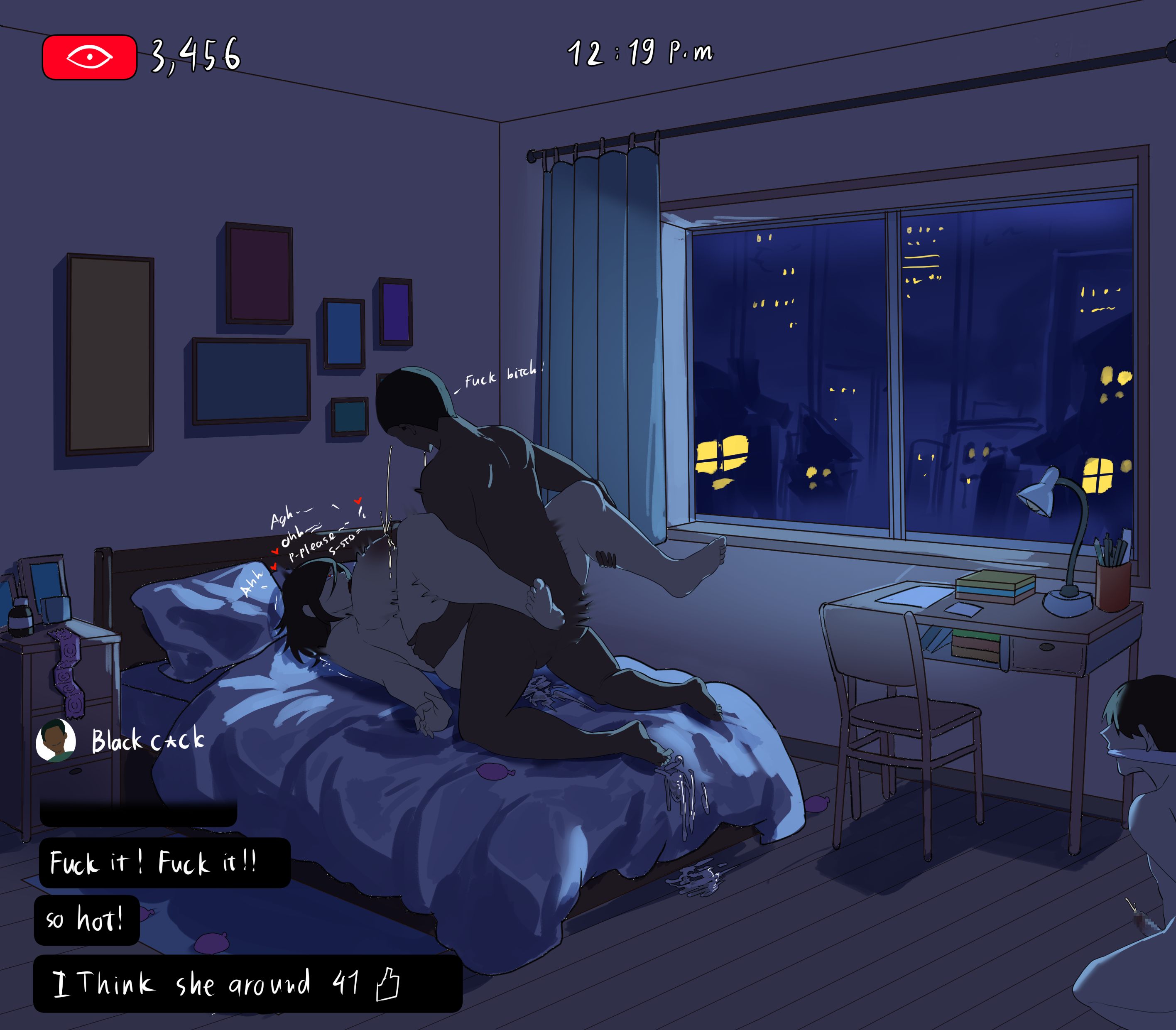 1girls, 2boys, bed, bedroom, big breasts, breasts, censored, censored penis, cheating, cheating wife, completely nude, completely nude female, completely nude male, cum, cum in pussy, cum inside, dark skin, dark-skinned male, erection, female, gag, gagged, grabbing, grabbing legs, huge breasts, in front of cuckold, interracial, leg grab, legs up, livestream, lunar art, male, male/female, mature, mature female, medium penis, milf, missionary position, mosaic censoring, motherly cuckold, netorare, night, nude, nude female, nude male, on bed, original, original character, penetration, penis, pussy, restrained, restrained arms, restraints, sex, vaginal, vaginal insertion, vaginal penetration, vaginal sex