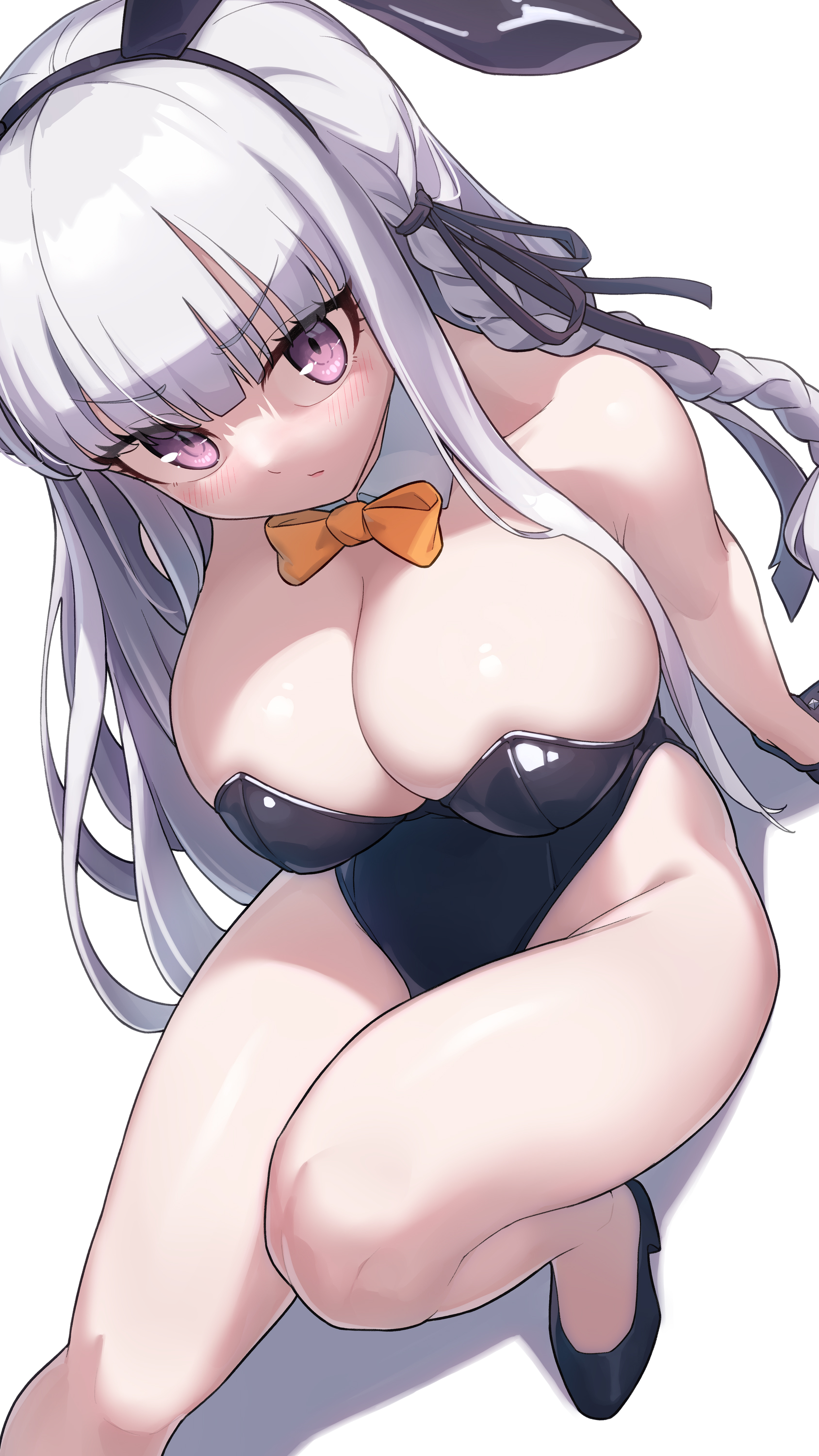 1girls, absurdres, animal ear hairband, animal ears, arukiru, bare legs, bare shoulders, black gloves, black hairband, bow, bowtie, braid, breasts, bunnysuit, cleavage, commission, danganronpa, danganronpa: trigger happy havoc, detached collar, fake animal ears, female, female only, from above, gloves, hairband, highres, kirigiri kyoko, large breasts, long hair, orange bow, orange bowtie, purple eyes, rabbit ear hairband, rabbit ears, sitting, skeb commission, solo, v-shaped eyebrows, white hair