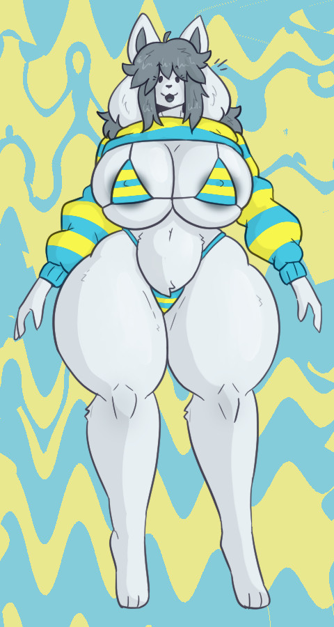 big breasts, bikini, breasts, cleavage, female, furry, huge breasts, mexifurfoof, solo, tagme, temmie (undertale), thick thighs, undertale, wide hips