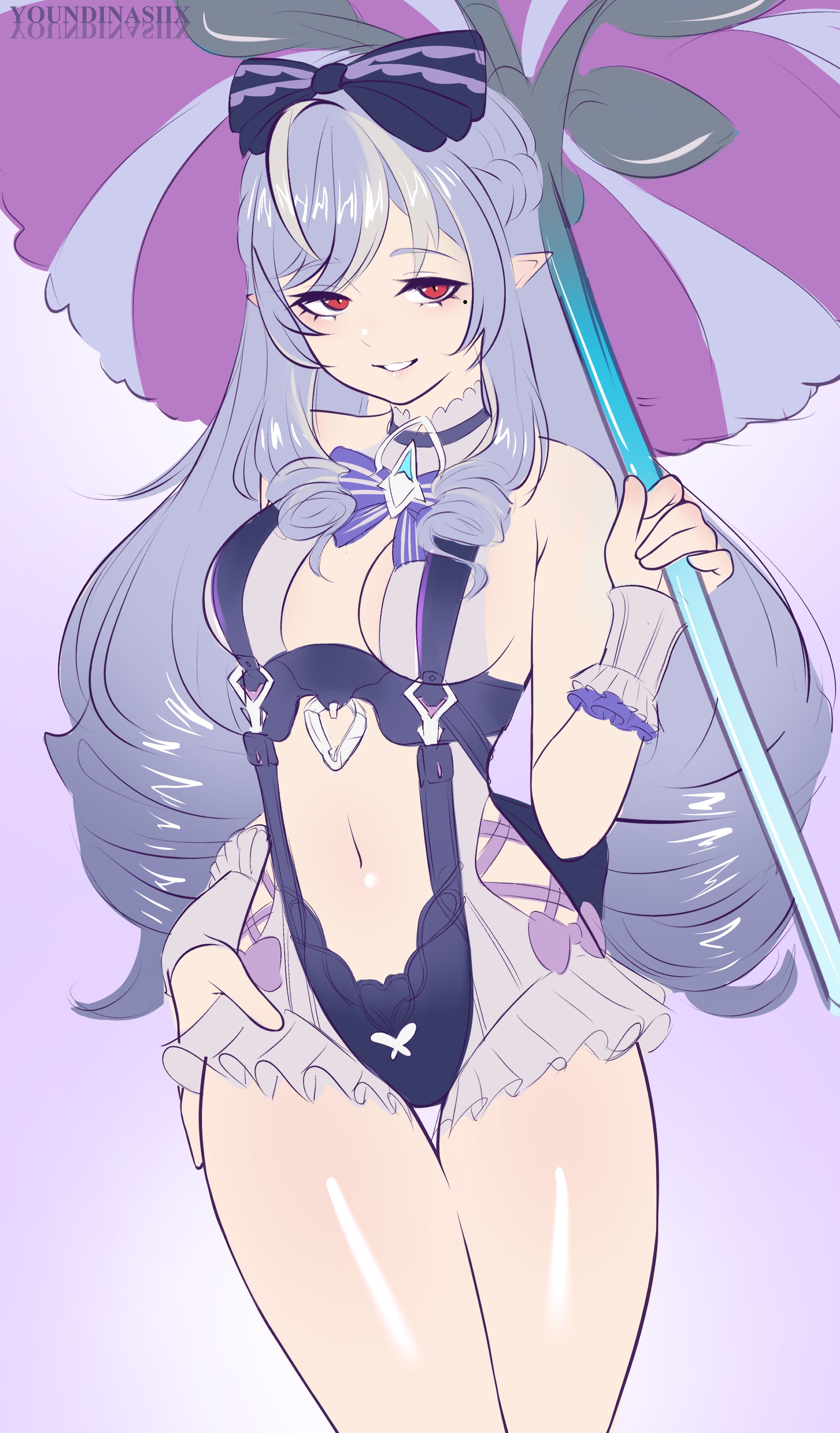 1girls, absurd res, breasts, elf ears, female, female focus, female only, gradient background, highres, hoyoverse, legs, light skin, light-skinned female, long ears, long hair, looking at viewer, medium breasts, mihoyo, navel, official alternate costume, parted lips, pointy ears, purple background, purple hair, red eyes, simple background, standing, swimsuit, umbrella, vivian banshee, vivian banshee (iris of the shore), white swimsuit, youndinasiix, zenless zone zero
