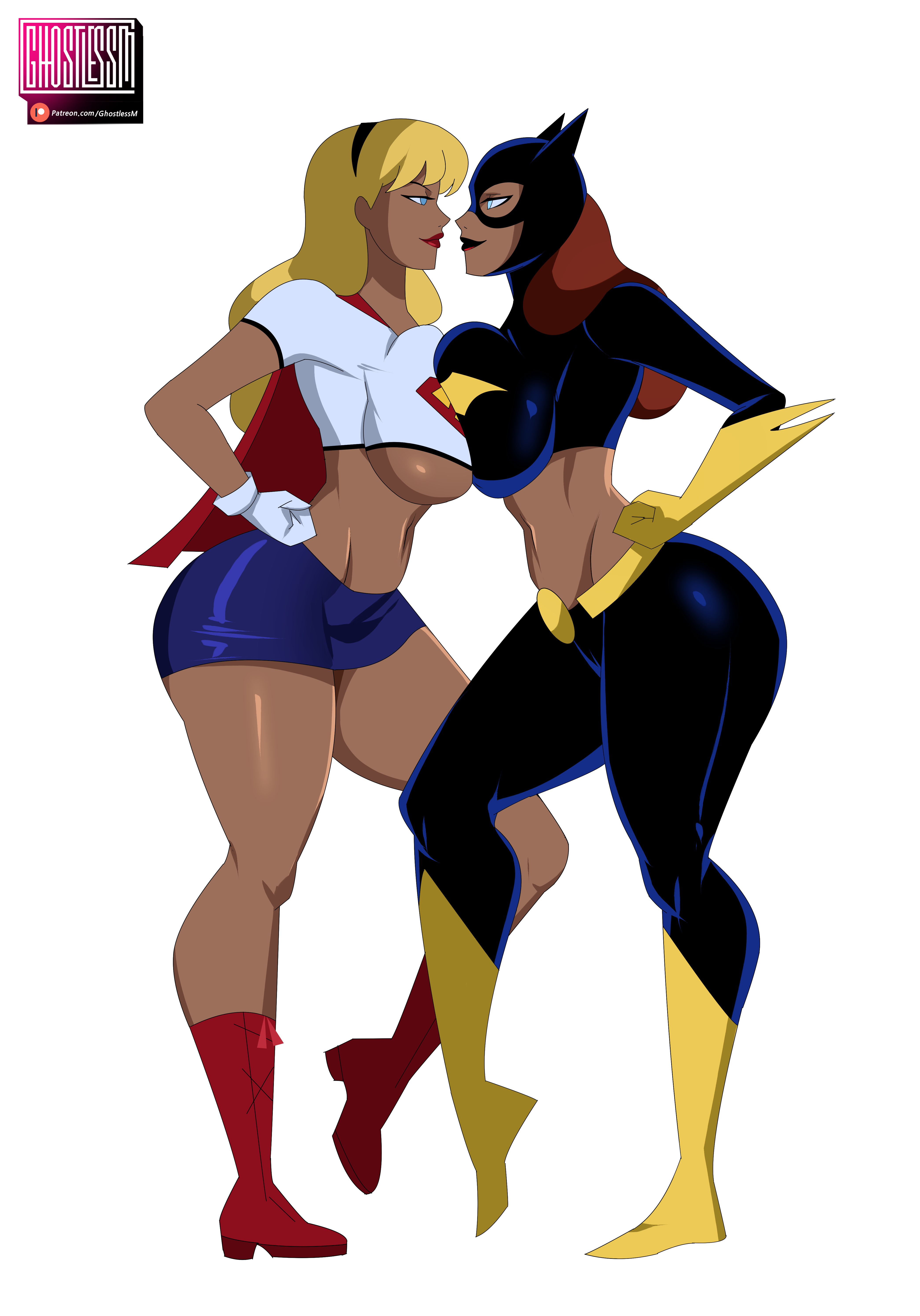 2girls, argoan, ass, barbara gordon, batgirl, batgirl (dcau), batman (series), batman: the animated series, big ass, big breasts, black hairband, blonde hair, blue eyes, blue skirt, boots, breast press, breasts, breasts pressed together, breasts to breasts, brown hair, cape, curvaceous female, curvaceous figure, curvy figure, dc, dc comics, dcau, eye contact, female, female only, ghostlessm, gloves, hairband, high heel boots, huge breasts, kara in-ze, kara kent, large ass, large breasts, lipstick, long hair, midriff, midriff baring shirt, miniskirt, multiple girls, navel, red boots, red cape, red lips, shiny clothes, short skirt, skirt, smile, supergirl, supergirl (dcau), superhero, superheroine, superman (series), superman: the animated series, the new batman adventures, thick, thick thighs, thigh high boots, tight clothing, underboob, voluptuous, voluptuous female, white gloves, wide hips, yellow boots, yellow gloves