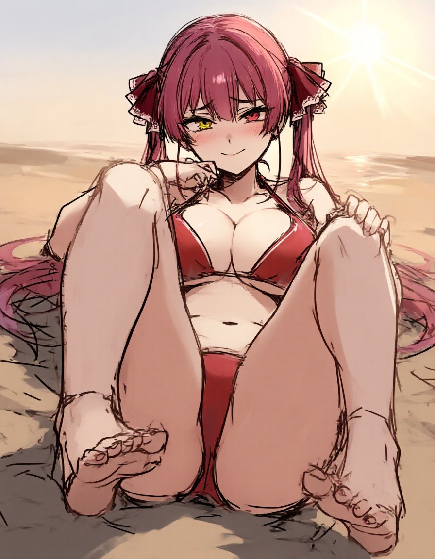 ai assisted, ai generated, ass, beach, beach background, bikini, feet, hololive, houshou marine, lying, nay juno, thighs, umbrella, virtual youtuber