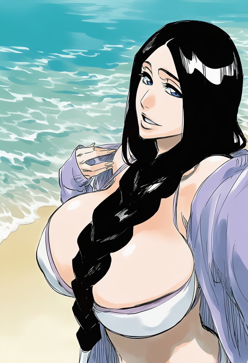 1girls, accurate art style, accurate body type, ai generated, between breasts, big breasts, bikini, black hair, bleach, blue eyes, braid, braided hair, breast focus, breasts, breasts bigger than head, busty, cardigan, cleavage, curvaceous, curvy, day, digital media (artwork), fanart, female, female focus, female only, from above, hair between breasts, hair over shoulder, huge breasts, jacket, large breasts, light skin, light-skinned female, long braid, long sleeves, looking at viewer, ocean, open cardigan, open clothes, open shirt, outdoors, parted bangs, parted lips, reaching, reaching towards viewer, sand, shore, single braid, smile, solo, solo focus, standing, swimsuit, tite kubo style, unohana retsu, upper body, very long hair, viewed from above, voluptuous, water, white bikini