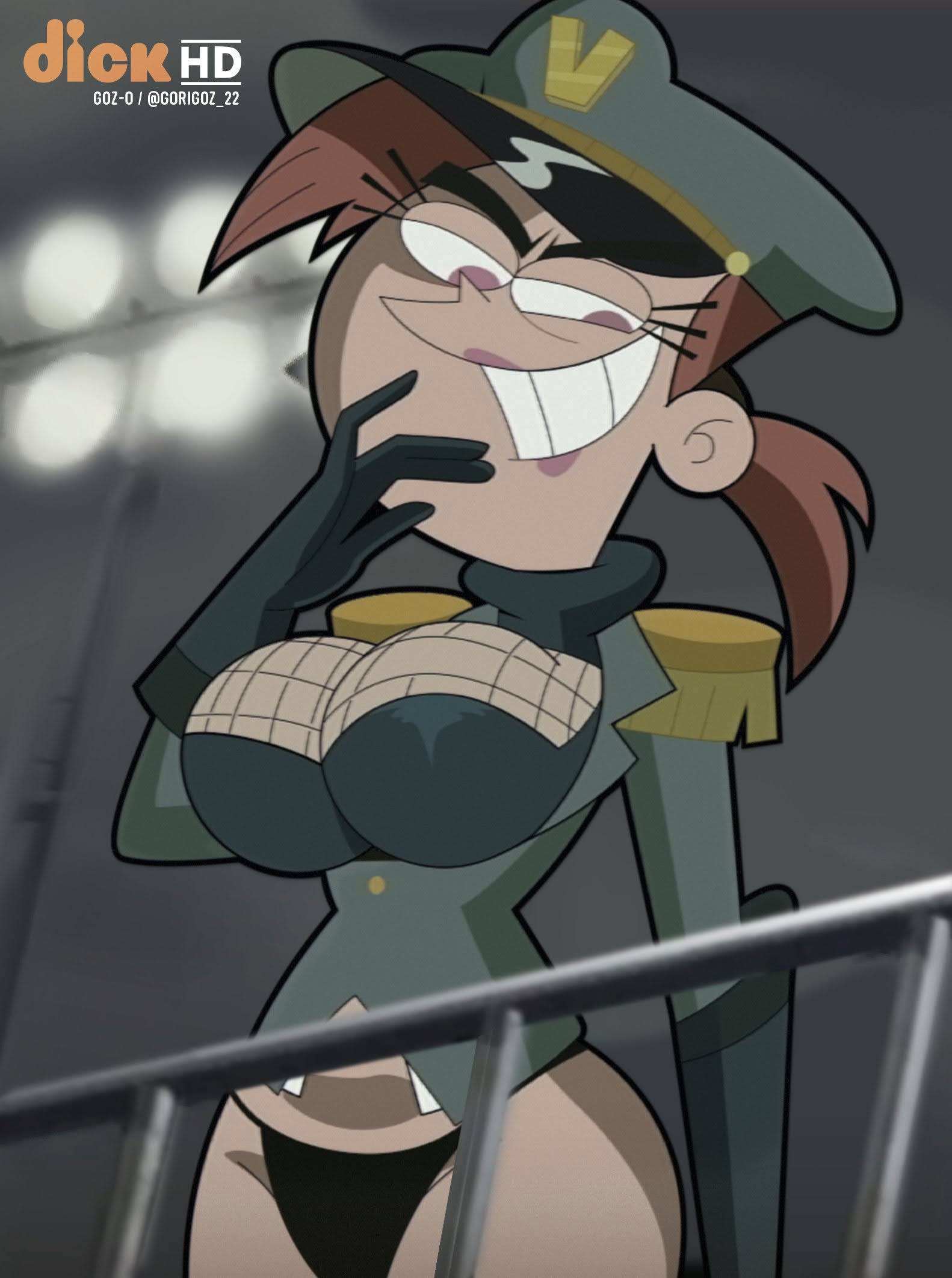 1girls, black gloves, black panties, breasts, brown hair, cleavage, clothing, epaulettes, evil grin, evil smile, female, fishnets, gloves, gosgoz, green headwear, green jacket, grin, hat, jacket, large breasts, lights, looking at viewer, military hat, military uniform, no pants, panties, peaked cap, ponytail, railing, short ponytail, smile, smug, solo, the fairly oddparents, underwear, uniform, vicky (fairly odd parents)