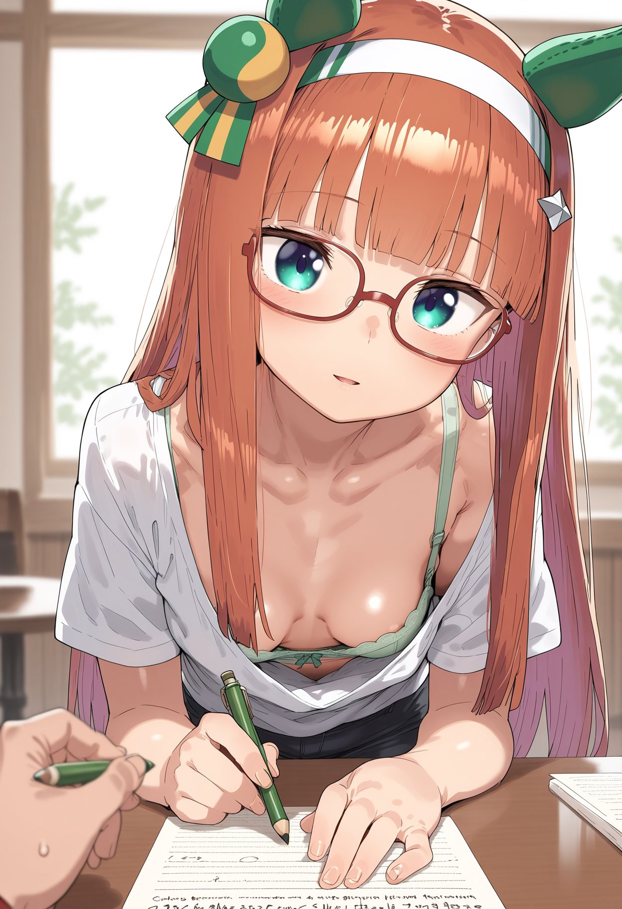 1girls, ai generated, animal ears, anthropomorphization, cleavage focus, eyes, female, glasses, hair, legs, silence suzuka (umamusume), skin, tagme, umamusume, umamusume pretty derby, unknown artist, young