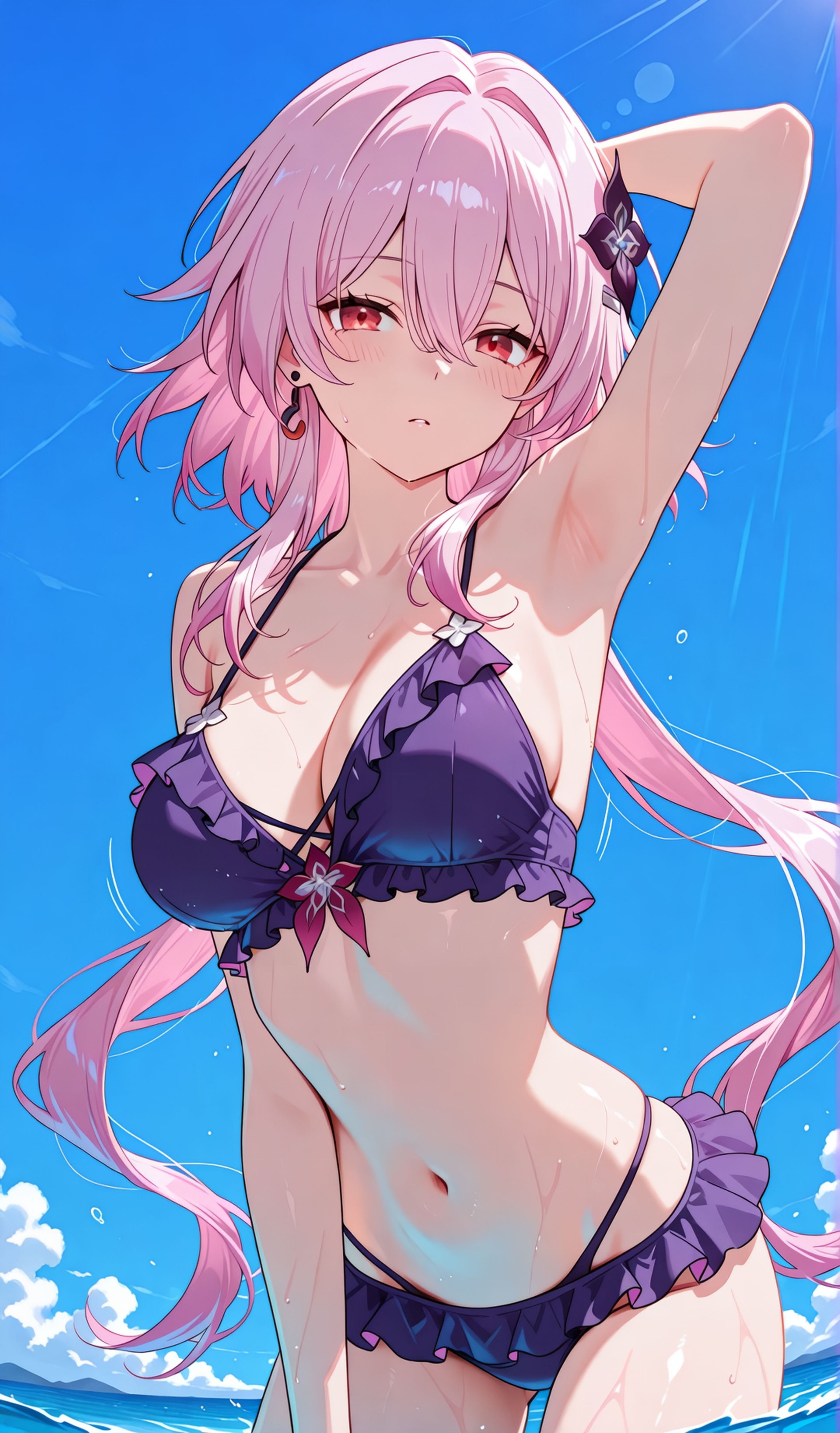 1girls, ai generated, armpits, arms up, breasts, evernight (honkai: star rail), female, honkai: star rail, hoyoverse, long hair, march 7th (honkai: star rail), mihoyo, pink hair, purple swimsuit, red eyes, swimsuit, water