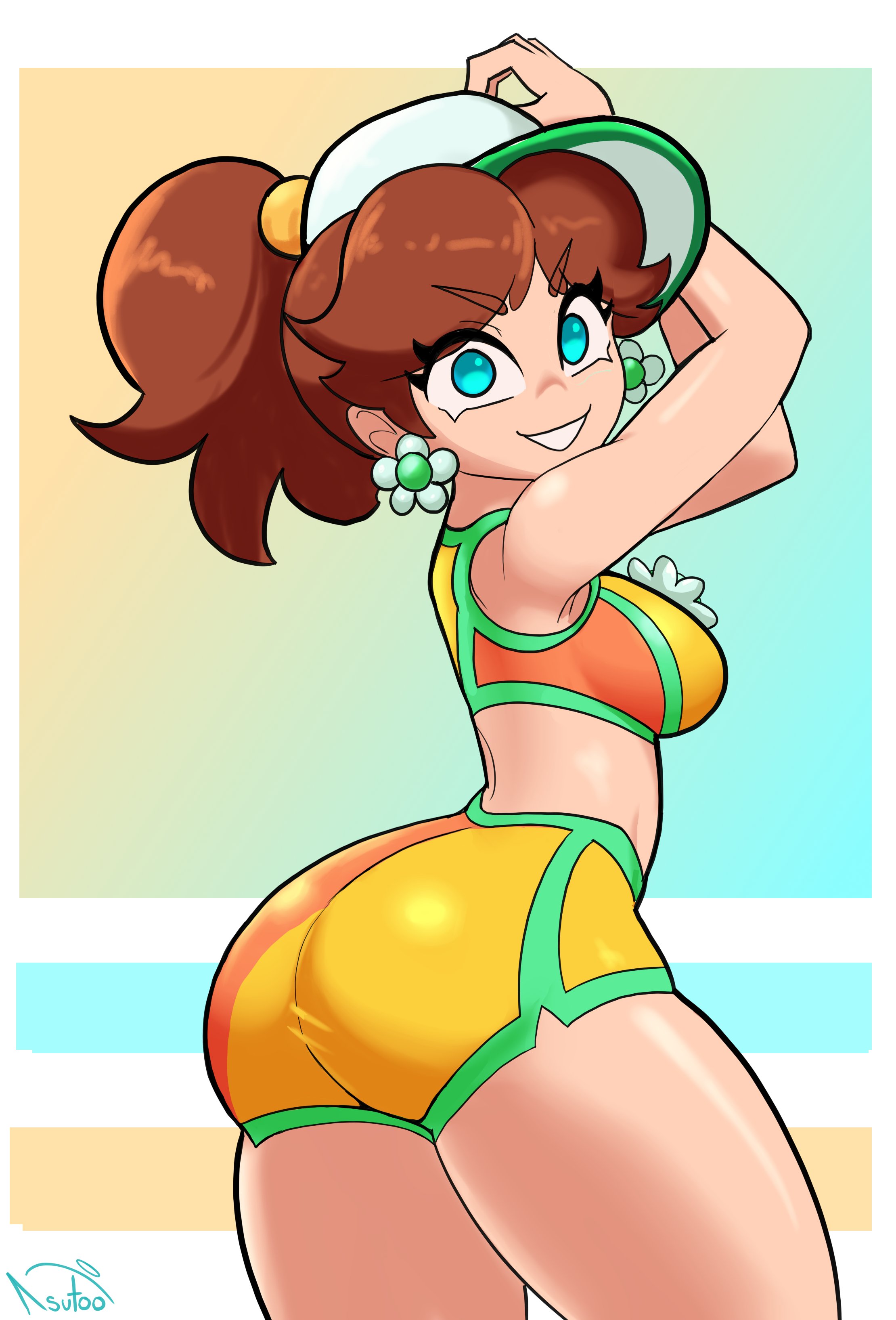 1girls, ass, blue eyes, breasts, brown hair, earrings, female, flower earrings, kasutoo1, large ass, large breasts, looking at viewer, mario (series), mario kart, mario kart world, nintendo, ponytail, princess daisy, princess daisy (swimwear), short hair, shorts, solo, swimwear, thick thighs, thighs, visor