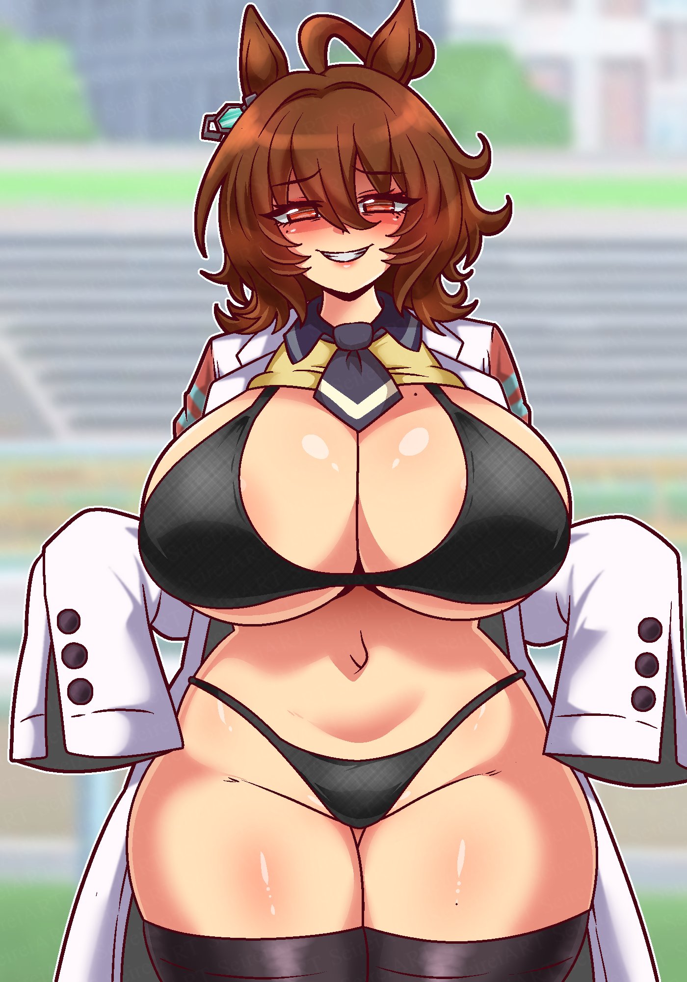1girls, agnes tachyon (umamusume), big breasts, breasts, brown hair, cygames, female, horse girl, light-skinned female, seireiart, thighhighs, umamusume, umamusume pretty derby