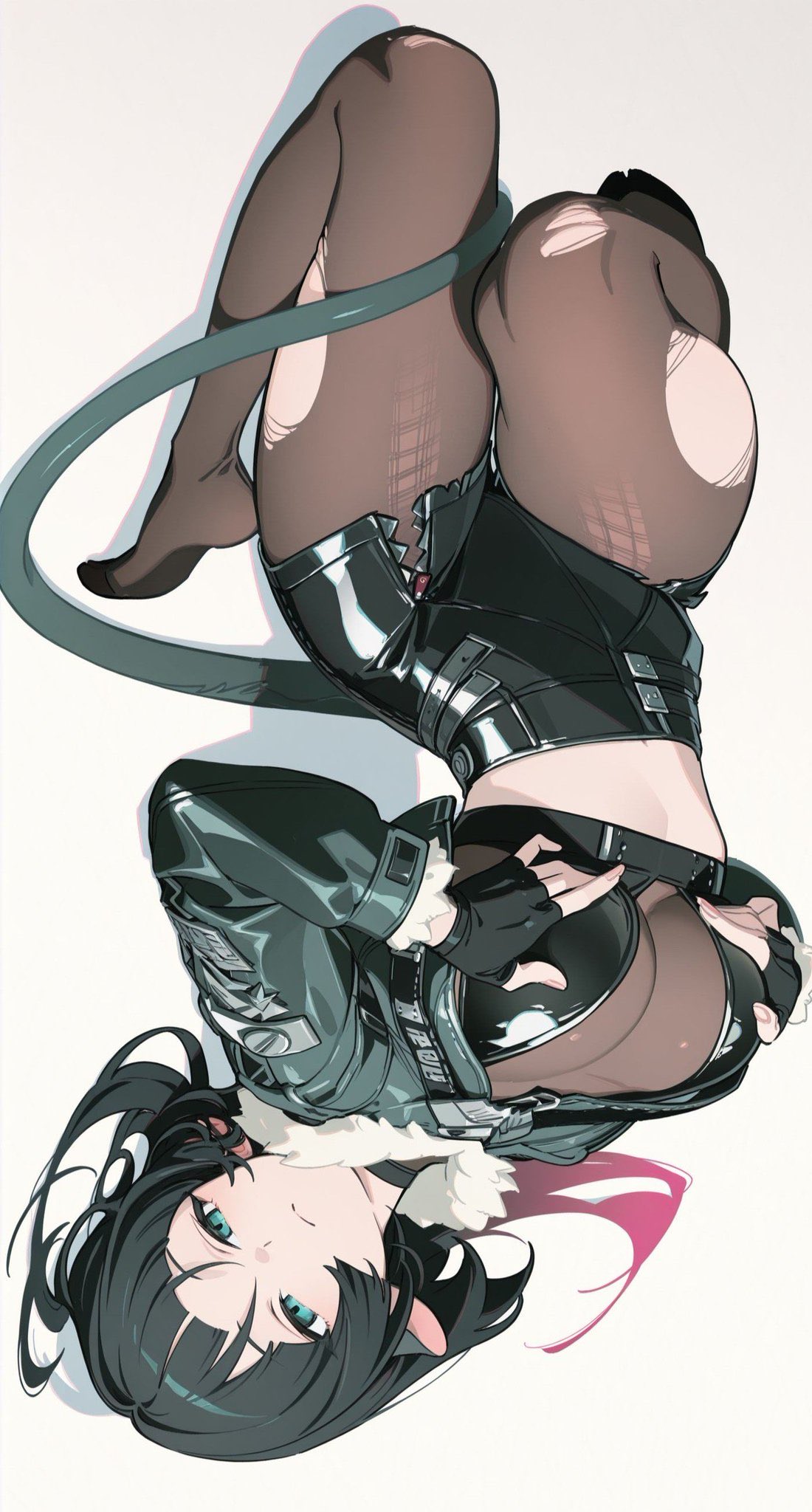 1girls, 2025, ai generated, animal ears, big thighs, black hair, breasts, clothed, clothing, female, female only, fishnets, green eyes, hi res, hoyoverse, jacket, jane doe (zenless zone zero), kami kuro8, light skin, light-skinned female, lying, mihoyo, open jacket, rat ears, shorts, simple background, solo, tail, thick thighs, thighs, touching breast, white background, zenless zone zero