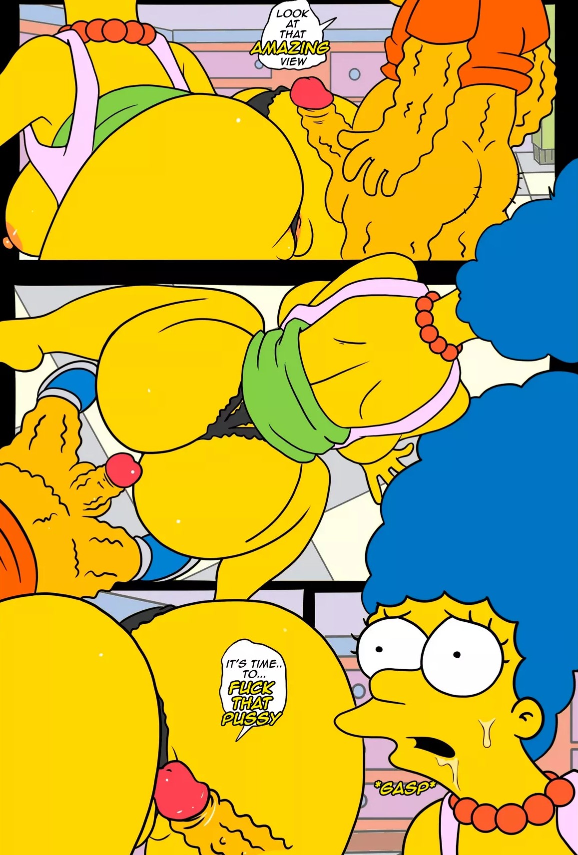 ass, ass focus, big ass, black panties, blue hair, drah navlag, hans moleman, male, marge simpson, older male, on all fours, svscomics, the simpsons
