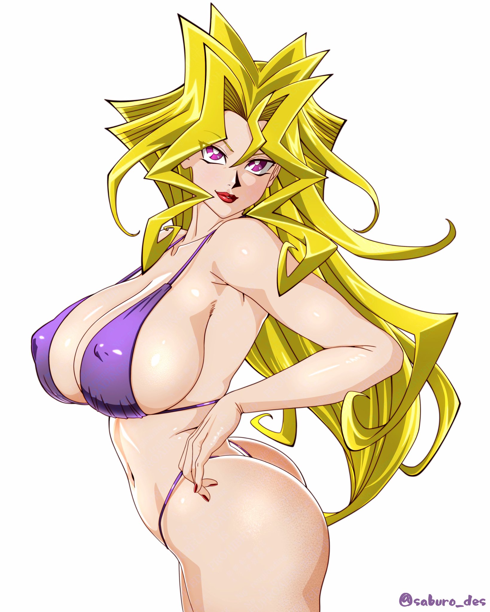 1girls, ass, big breasts, bikini, bikini bottom, bikini top, black bikini, blonde hair, breasts, child bearing hips, cleavage, clothing, female, female only, hair, hips, huge breasts, large ass, lips, long hair, looking at viewer, mai valentine, nail polish, nails, nipple bulge, purple bikini, purple eyes, purple thong, red lipstick, red nail polish, red nails, saburo des, side view, sideboob, solo, solo female, swimwear, thong, yu-gi-oh!, yu-gi-oh! duel monsters