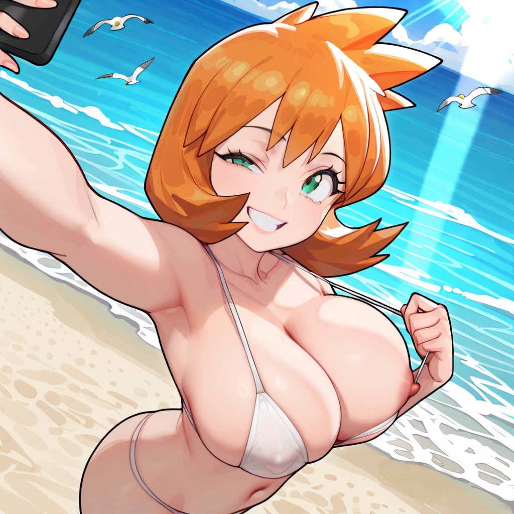 ai generated, alternate breast size, armpits, beach, bikini, bikini pull, bird, blush, breasts, cellphone, cleavage, clothes pull, clothing, cloud, collarbone, covered nipples, day, female, green eyes, grin, holding, holding phone, huge breasts, human, kasumi (pokemon), large breasts, looking at viewer, misty (pokemon hgss), navel, nipple slip, nipples, ocean, one breast out, one eye closed, orange hair, outdoors, phone, pokemon, sand, seagull, shore, short hair, sky, smartphone, smile, solo, strap pull, sunlight, swimsuit, teeth, thighs, water, white bikini, white swimsuit