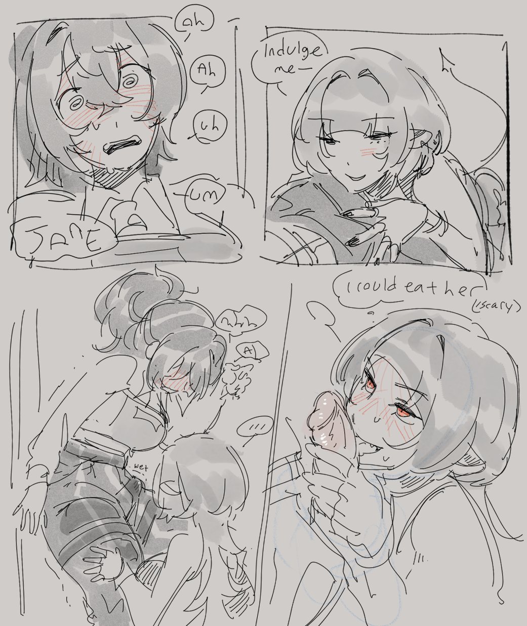 blush, female, flustered, flustered female, futa on female, futanari, intersex, jane doe (zenless zone zero), licking, licking penis, nervous expression, nervous face, nervous sweat, penis, red eyes, sketch, spot color, sweeter kiwiis, vampire, vampire girl, yuri, zenless zone zero, zhu yuan