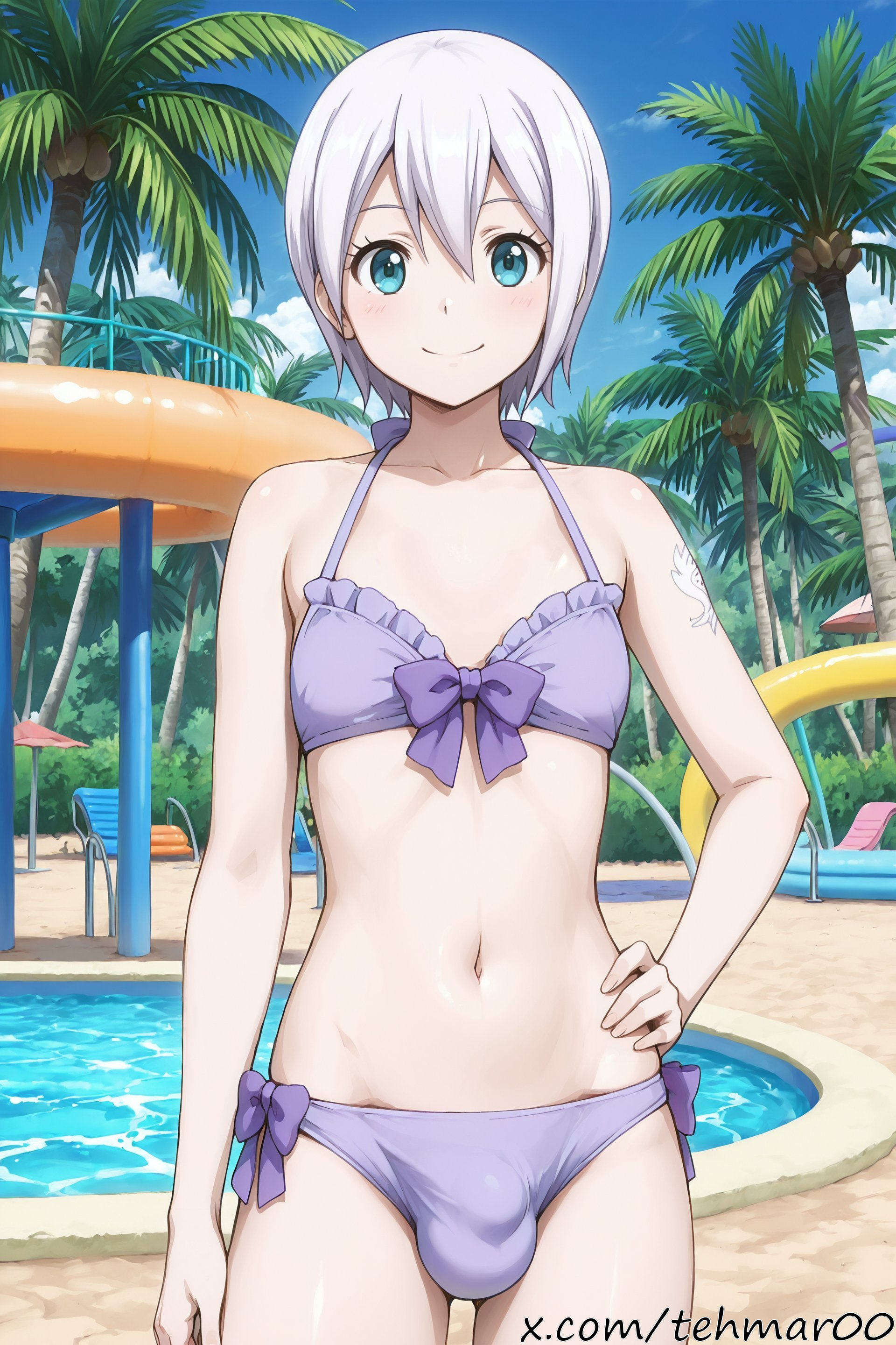 1boy, ai generated, beach, beach chair, beach umbrella, bikini, blue eyes, blush, bulge, cowboy shot, day, fairy tail, femboy, frills, genderswap (ftm), hair between eyes, hand on hip, lisanna strauss, looking at viewer, male, navel, outdoors, palm tree, pool, purple bikini, rule 63, short hair, sky, smile, solo, standing, swimsuit, tagme, tehmar, trans woman, transfem, trap, tree, white hair
