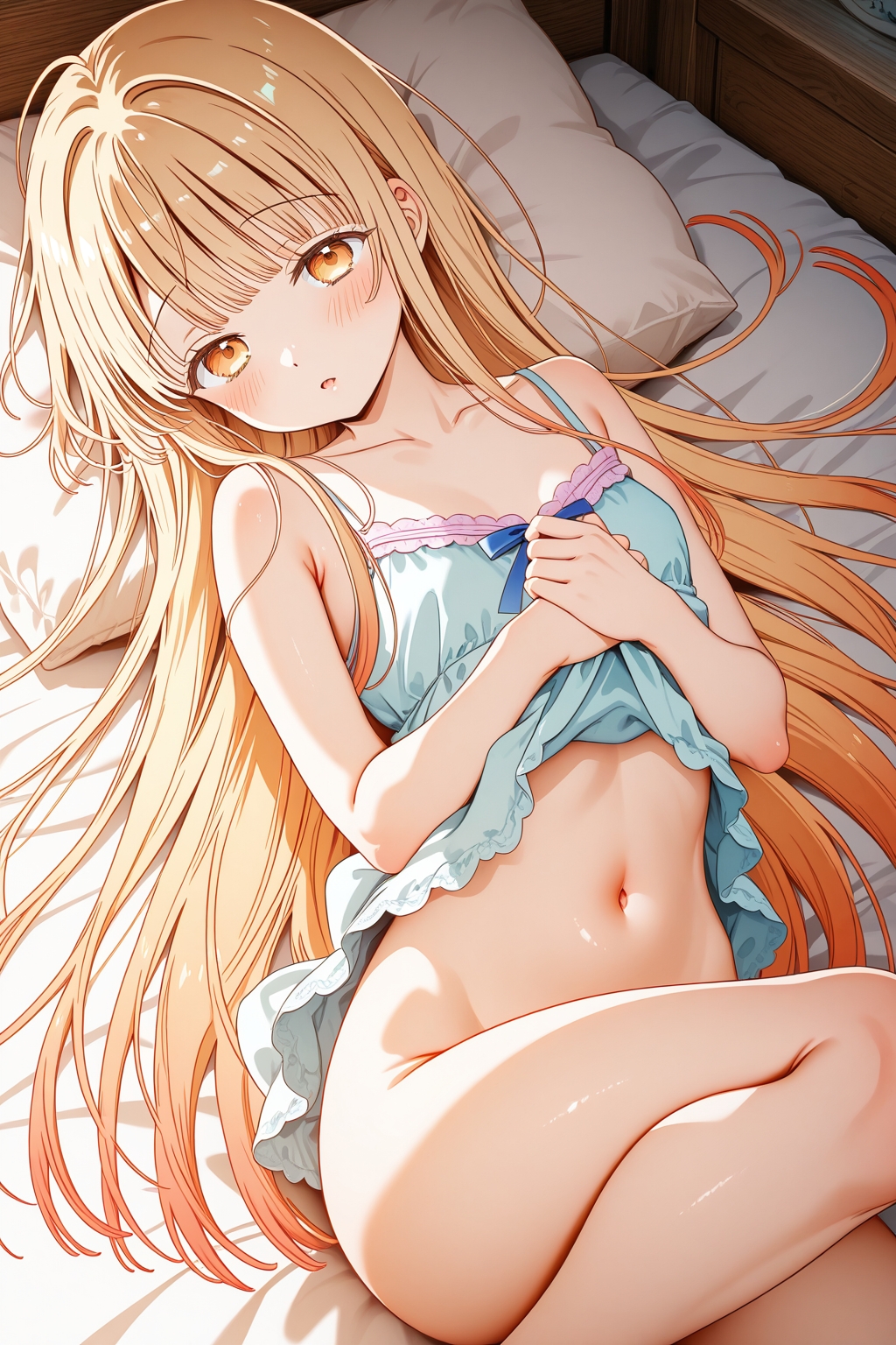 1girls, adorable, ai generated, blonde hair, blush, blusti, breasts, brown eyes, clothed, cute, female, half naked, looking at viewer, medium breasts, otonari no tenshi-sama ni itsu no mani ka dame ningen ni sarete ita ken, seductive, seductive look, seductive smile, shiina mahiru, the angel next door spoils me rotten