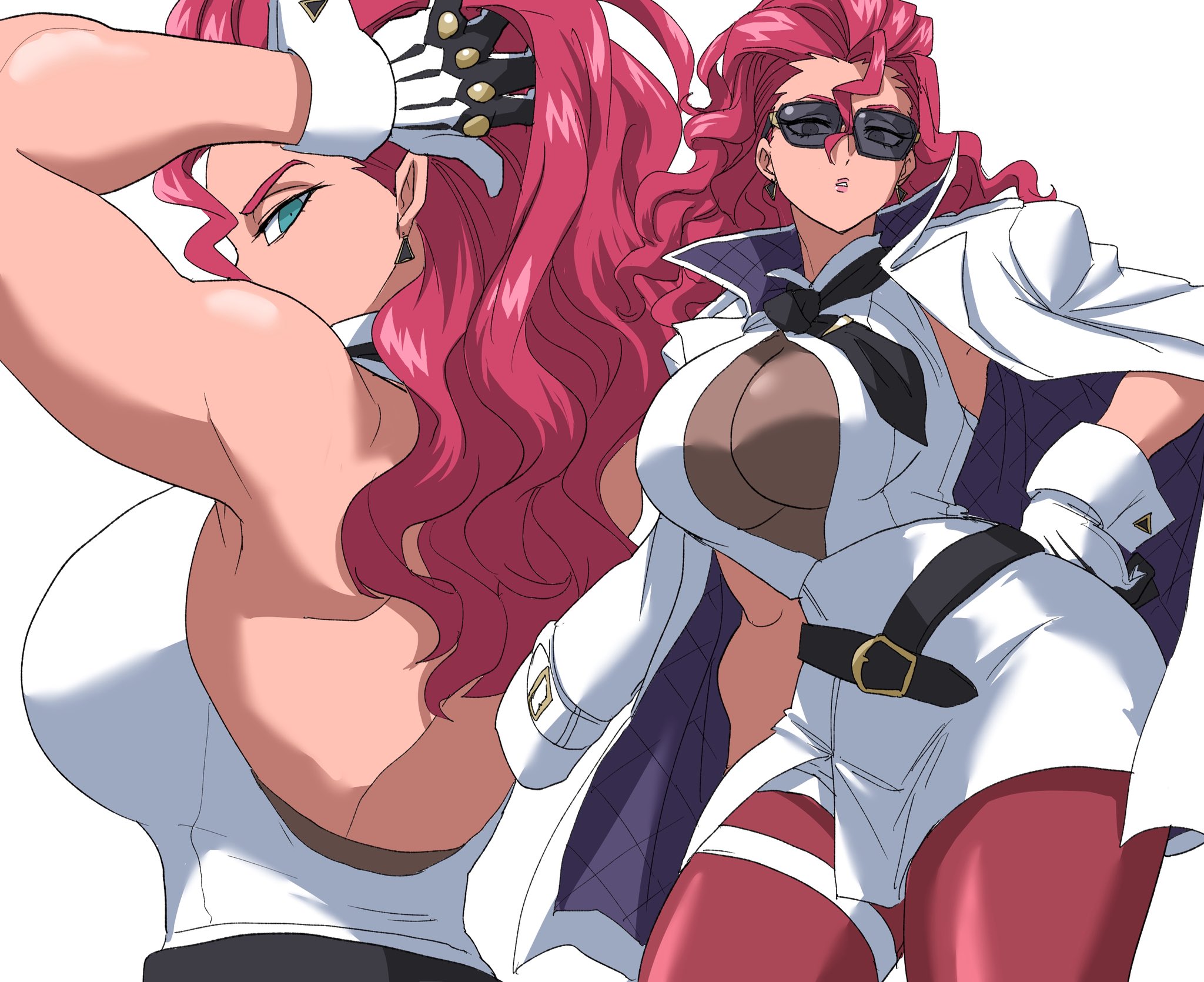 1girls, agent, arm behind head, belt, belted skirt, big hair, black belt, black necktie, breasts, brown pantyhose, clothing, coat, coat on shoulders, crimson viper, dress, earrings, female, fit, fit female, glasses, gloves, hair flip, hair pulled back, hair slicked back, hand in own hair, hand on own head, huge breasts, ilo a5, jacket, jacket on shoulders, jewelry, large breasts, lips, lipstick, long hair, looking at viewer, loose belt, makeup, mature, mature female, milf, necktie, orange-tinted eyewear, pantyhose, parted lips, pink hair, purple hair, researcher, short dress, skirt, sleeveless, solo, street fighter, street fighter 6, sunglasses, tan skin, tan-skinned female, tanned female, tanned skin, tanned skinned female, thick thighs, thigh strap, thighs, tinted eyewear, tomboy milf, tomboyish, toned, toned female, white coat, white dress, white gloves, white jacket, wrist cuffs