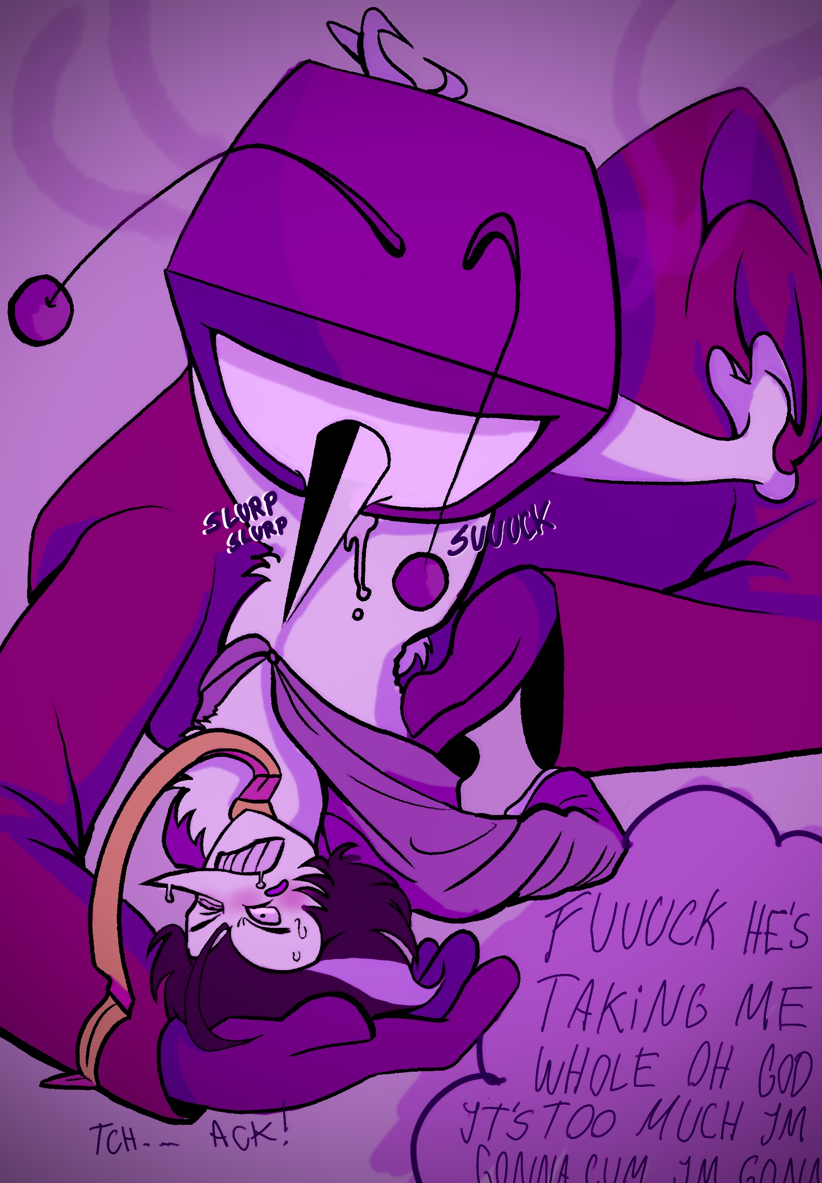 blowjob, deltarune, male, male only, male/male, open shirt, overstimulation, penis, size difference, spamton g spamton, sucking penis, tenna (deltarune), upside-down, yaoi