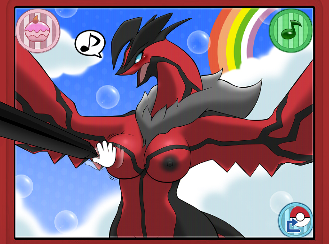 anthro, areola, black areola, black nipples, blue eyes, blush, breasts, female, female only, fondling, fur, horn, large breasts, legendary pokemon, nintendo, nipples, nnecgrau, nude, open mouth, pokemon, pokemon (species), pokemon amie, solo, standing, stylus, tongue, video games, yveltal