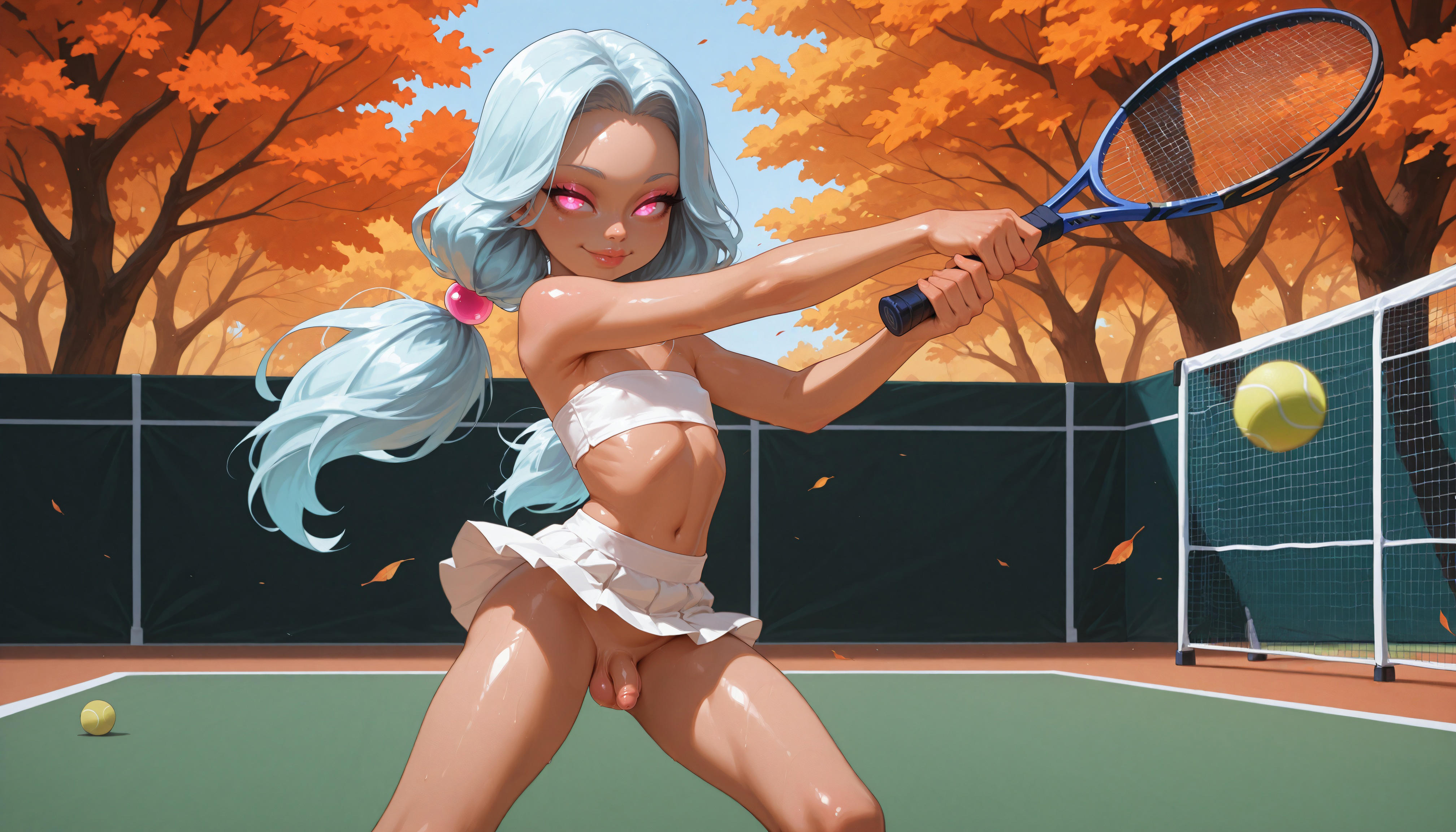 1futa, 4k, absurd res, action pose, ai generated, autumn, autumn leaves, ball, balls, bandeau, bare arms, bare legs, bare shoulders, blue hair, blue sky, breasts, clothing, covered erect nipples, crossdressing, day, dickgirl, erect nipples under clothes, flaccid, forehead, foreskin, futanari, glowing, glowing eyes, hair bobbles, hair ornament, hi res, high resolution, highres, holding, holding racket, illustrious (stable diffusion), intersex, jaja ai, landscape, leaf, legs, light blue hair, lips, little penis, long hair, looking at viewer, low twintails, male, midriff, miniskirt, navel, nipples bulge, no panties, nopan, original, otoko no ko, outdoors, parted hair, penis, pink eyes, pleated skirt, pose, racket, self upload, skinny, skirt, sky, small breasts, small penis, smile, solo, sports uniform, sportswear, spread legs, stable diffusion, standing, stomach, strapless, tennis ball, tennis court, tennis outfit, tennis racket, tennis uniform, testicles, tied hair, trap, tree, tube top, tubetop, twintails, uncensored, uncircumcised, uniform, very high resolution, wai-nsfw-illustrious-sdxl, wallpaper, white skirt, widow's peak, wind, wind lift